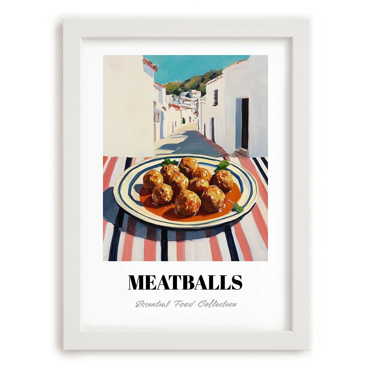 Meatballs – White village Street Café Scene, Italian Food Wall Art, placed in minimal white frame