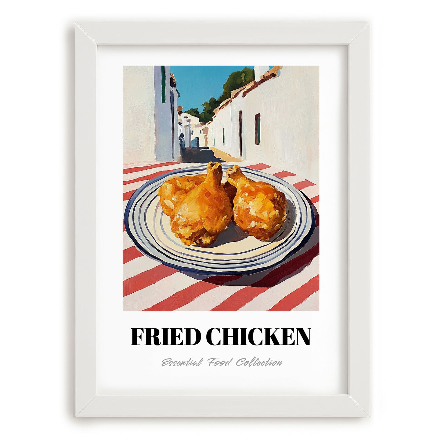 Fried Chicken – White village Urban Café Scene, American Food Poster, placed in minimal white frame