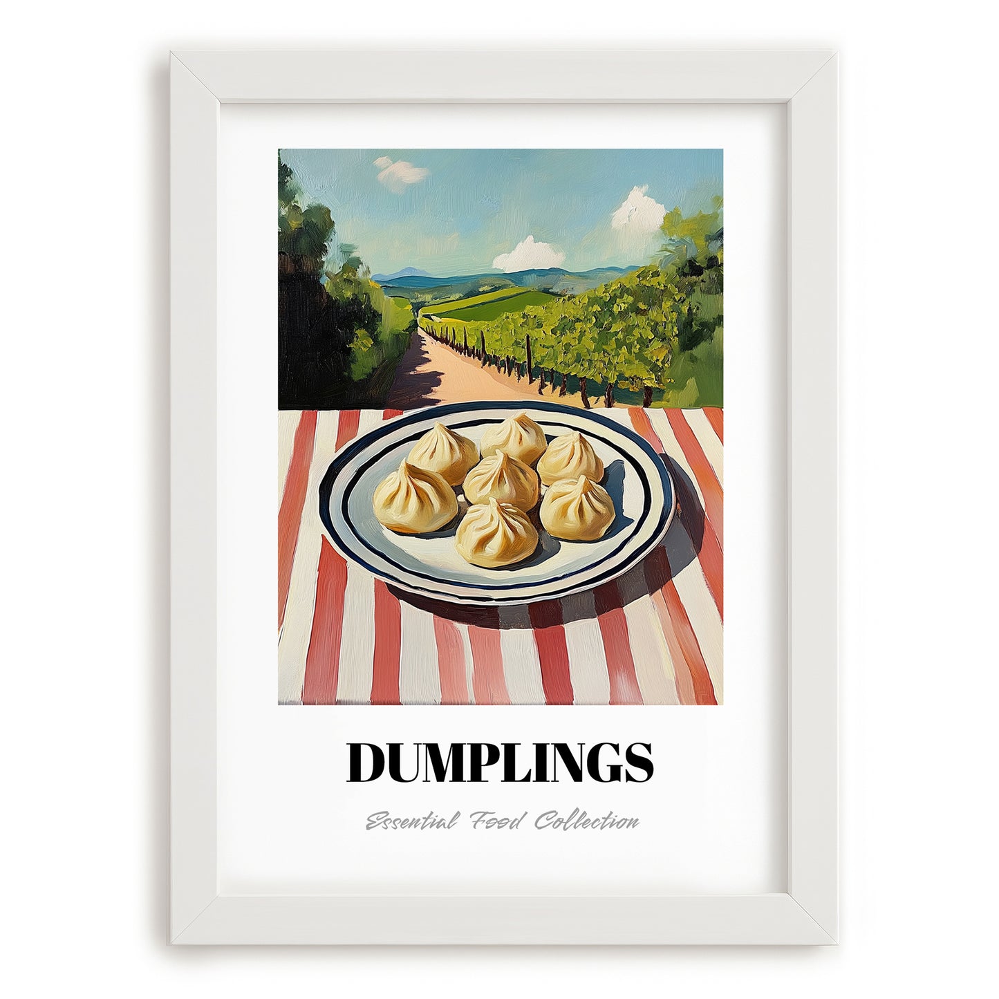 Dumplings – Hilltop Table Scene, Chinese Food Art, placed in minimal white frame