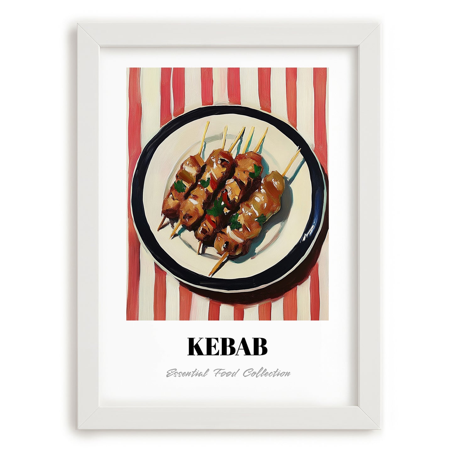 Kebab – on Striped Tablecloth, Turkish Food Painting, placed in minimal white frame