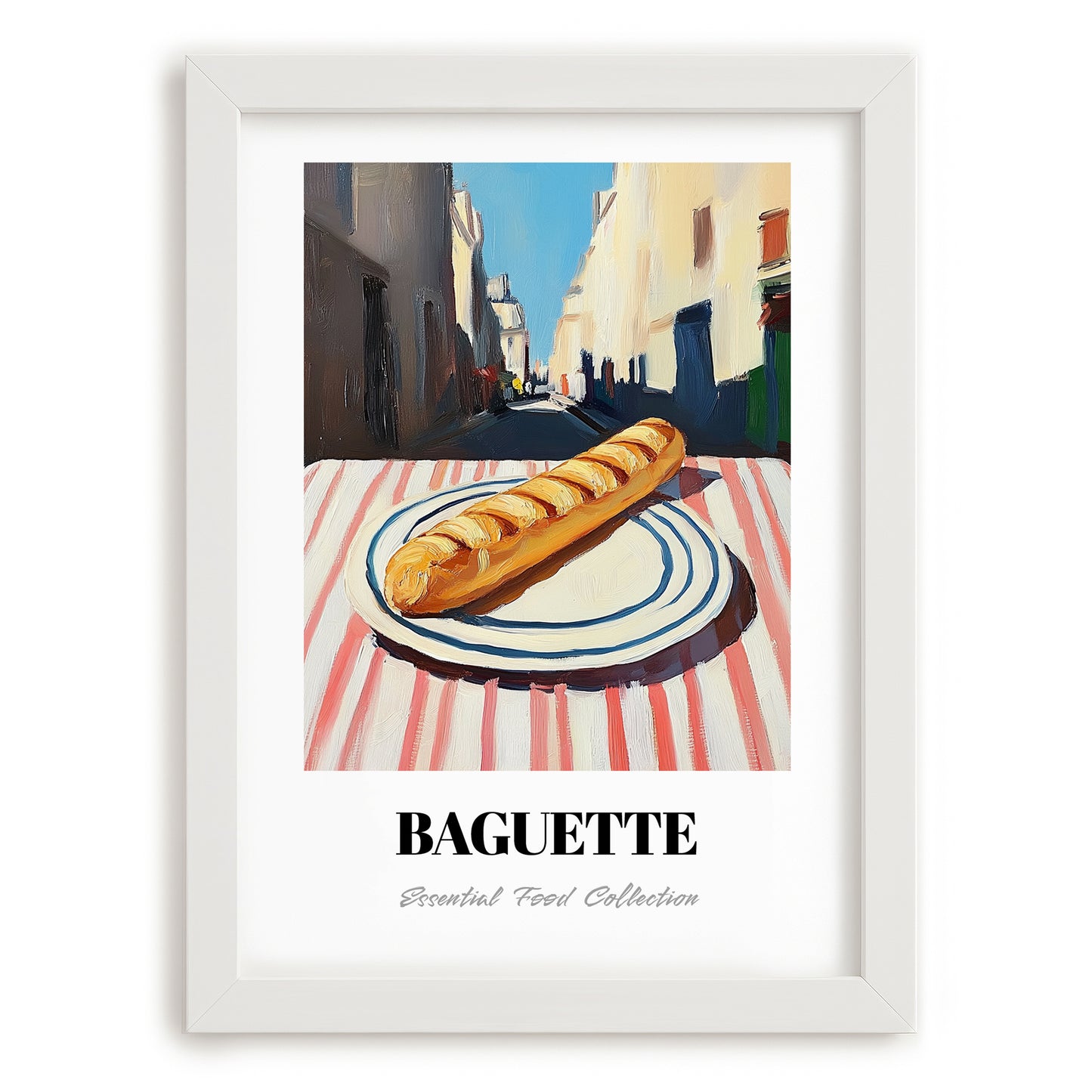 Baguette – White village Outdoor Café Scene, French Food Illustration, placed in minimal white frame