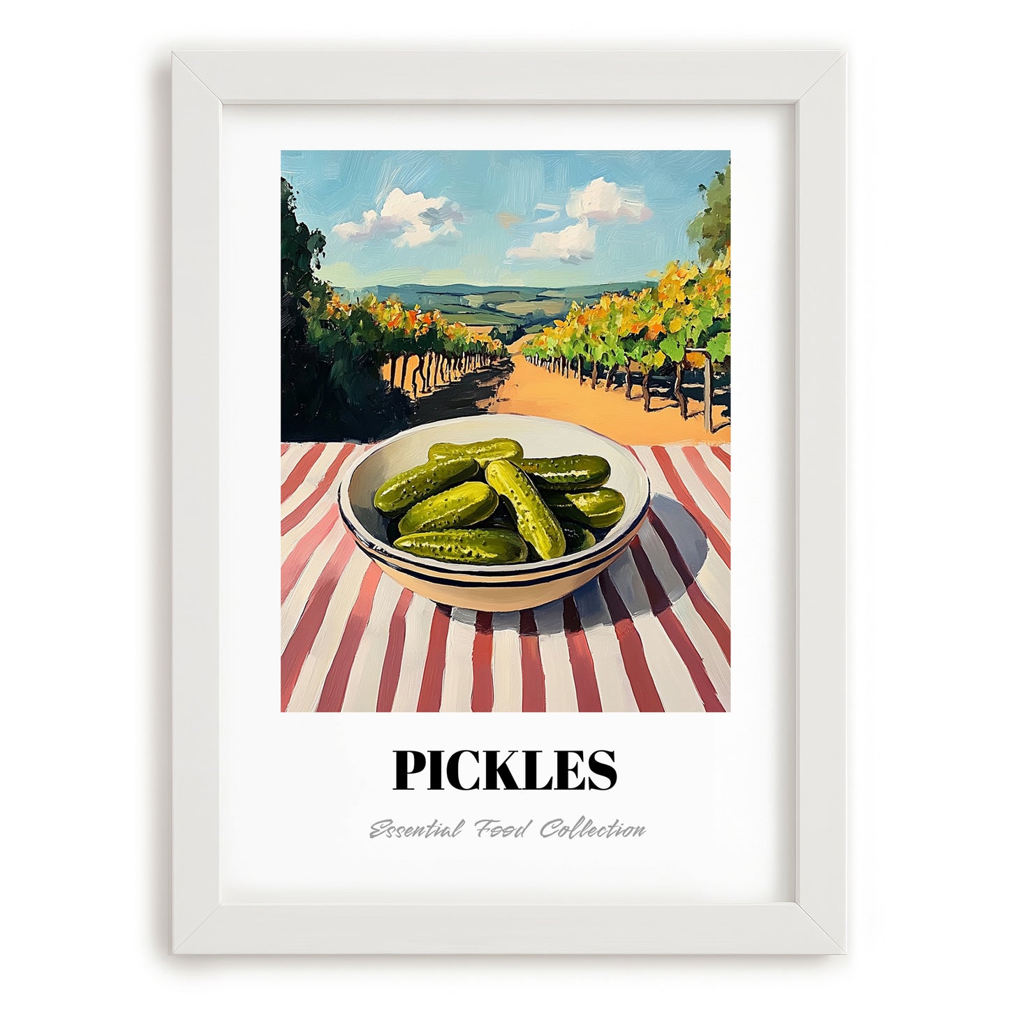 Pickles – Hilltop Table Scene, American Food Illustration, placed in minimal white frame