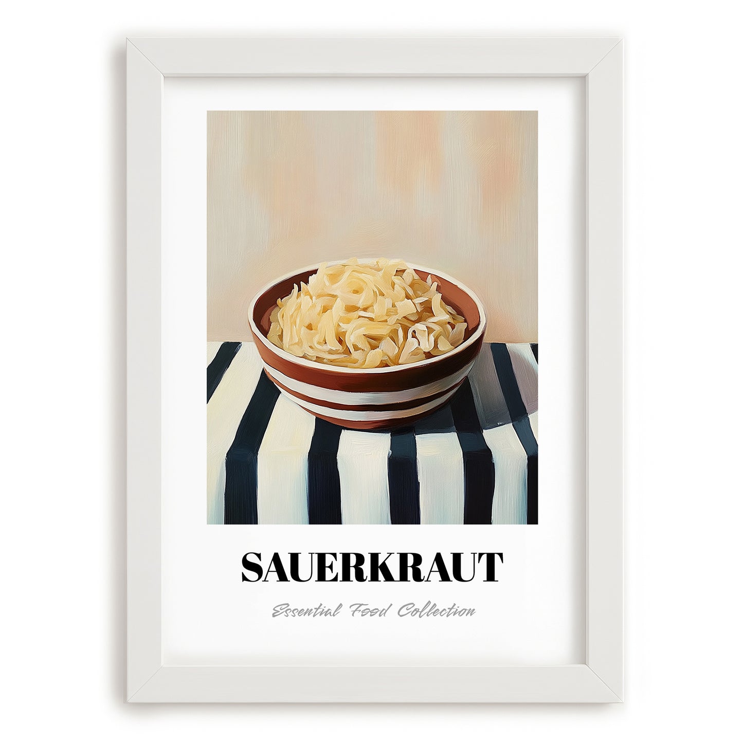 Sauerkraut – on Striped Tablecloth, German Food Still Life, placed in minimal white frame