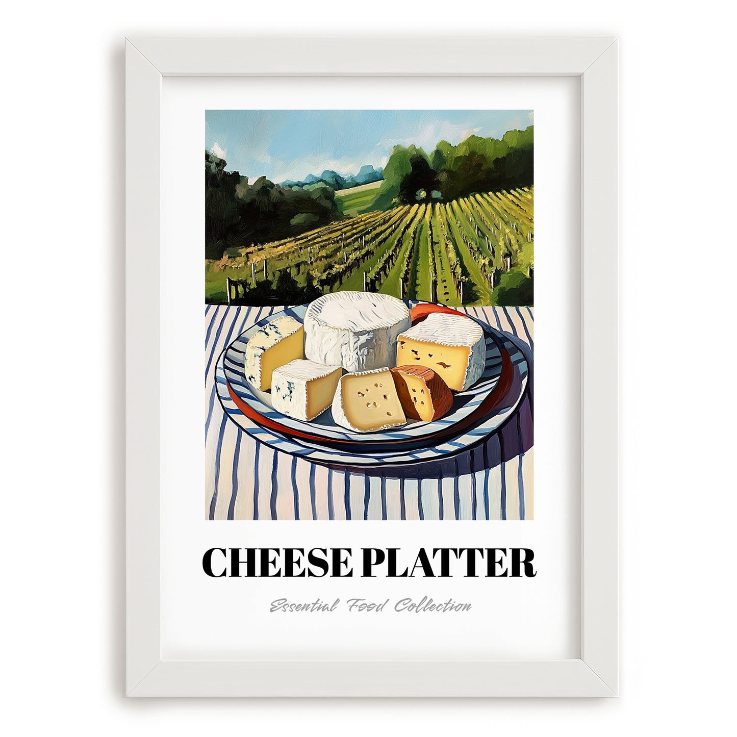 Cheese Platter – Hillside Café View, French Cheese Wall Decor, placed in minimal white frame