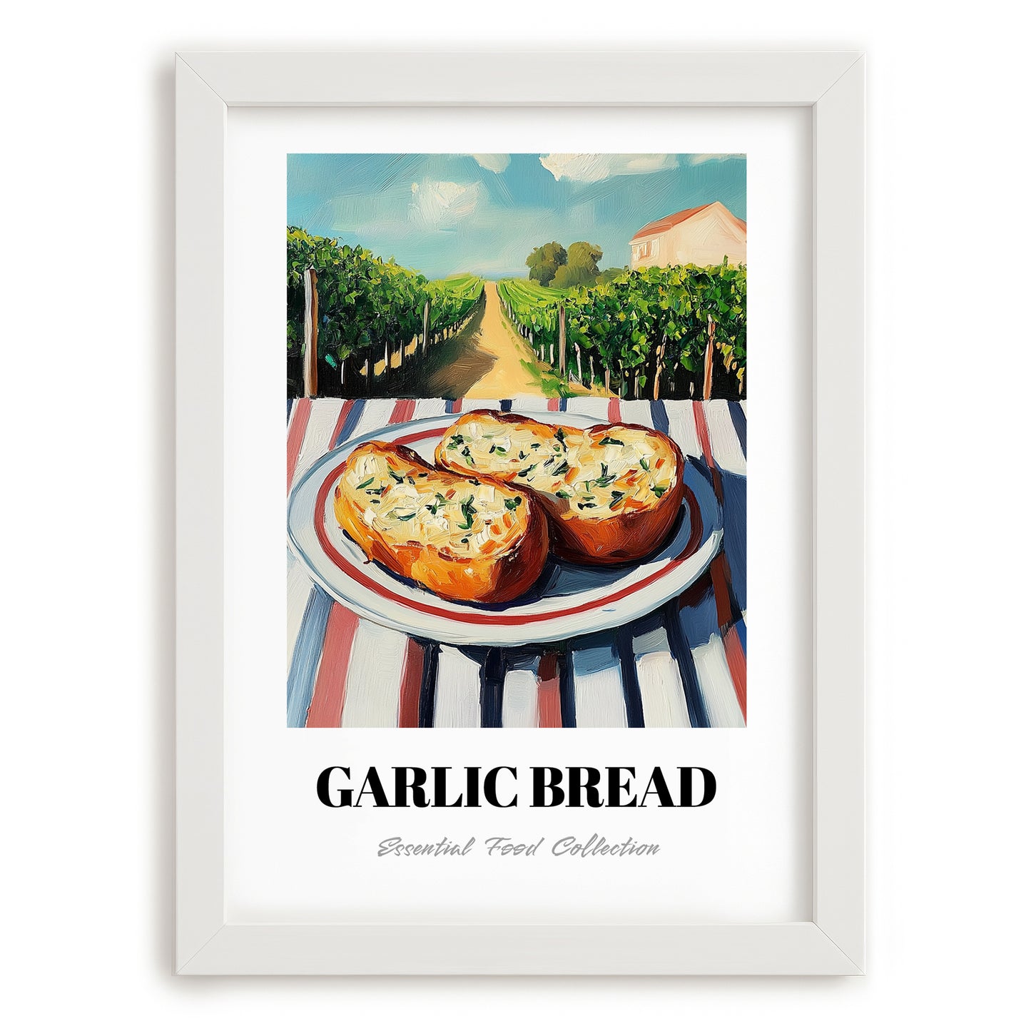 Garlic Bread – Hillside Café View, Italian Food Wall Decor, placed in minimal white frame