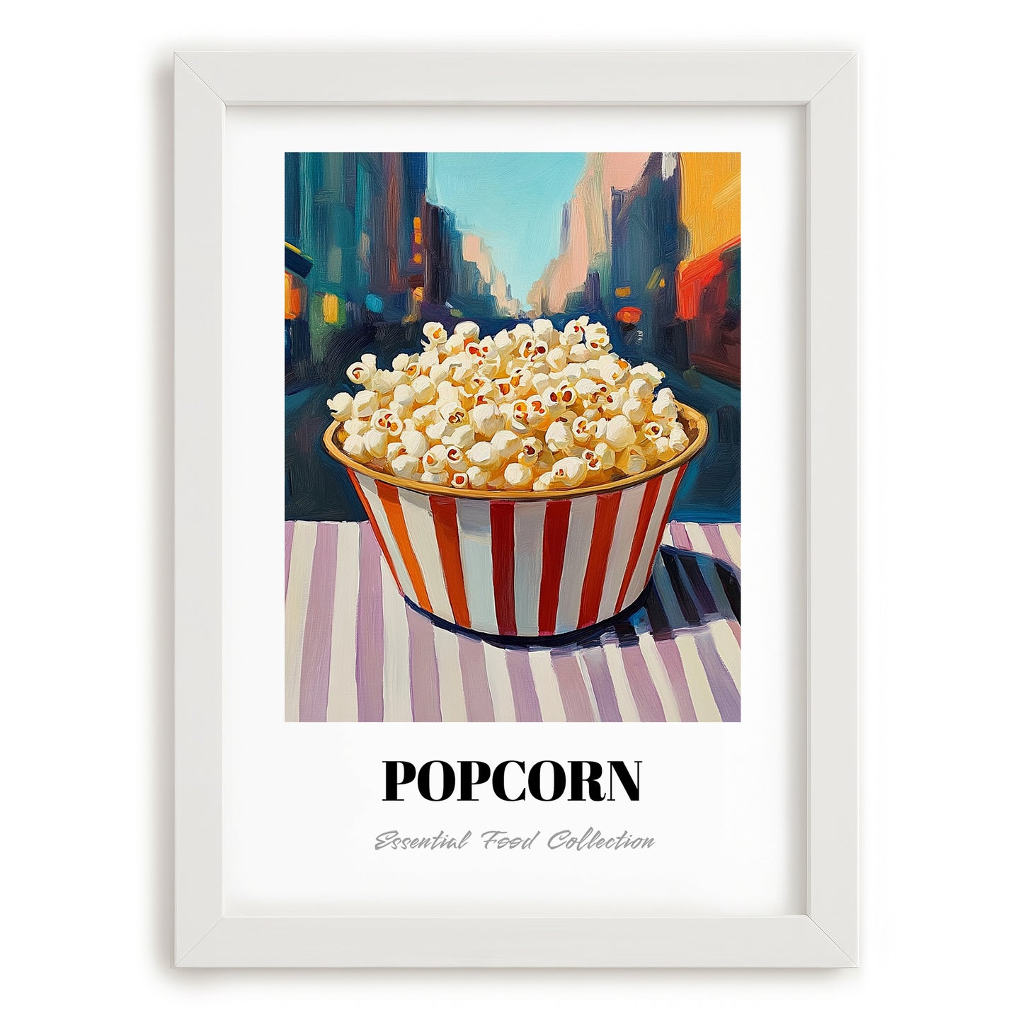 Popcorn – New York Street Café Scene, American Food Painting, placed in minimal white frame
