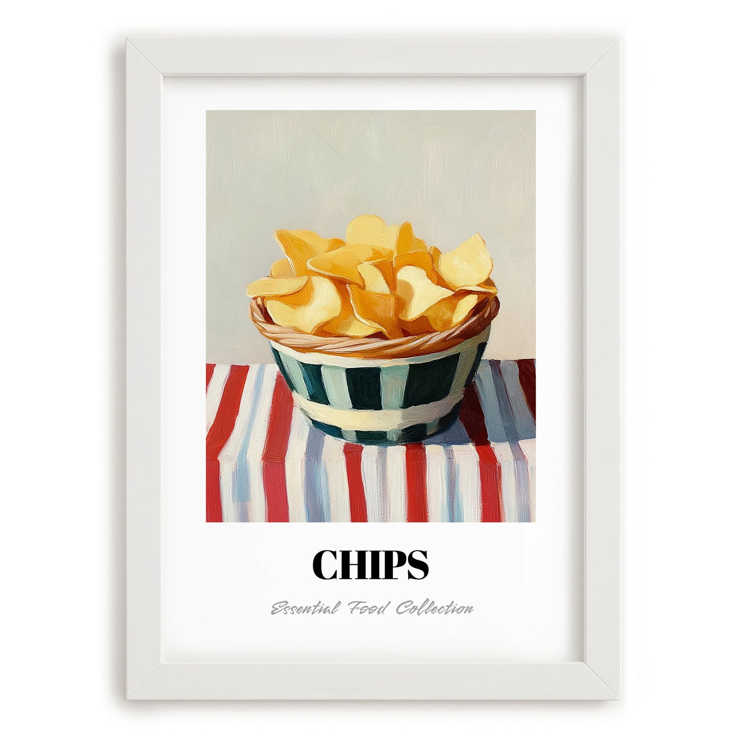 Chips – on Striped Tablecloth, American Food Print, placed in minimal white frame