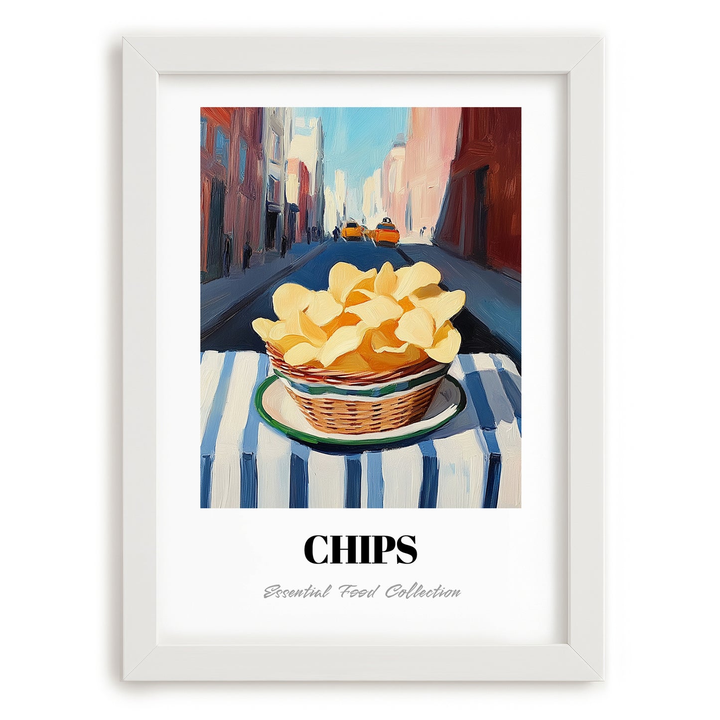 Chips – New York Urban Café Scene, American Food Still Life, placed in minimal white frame