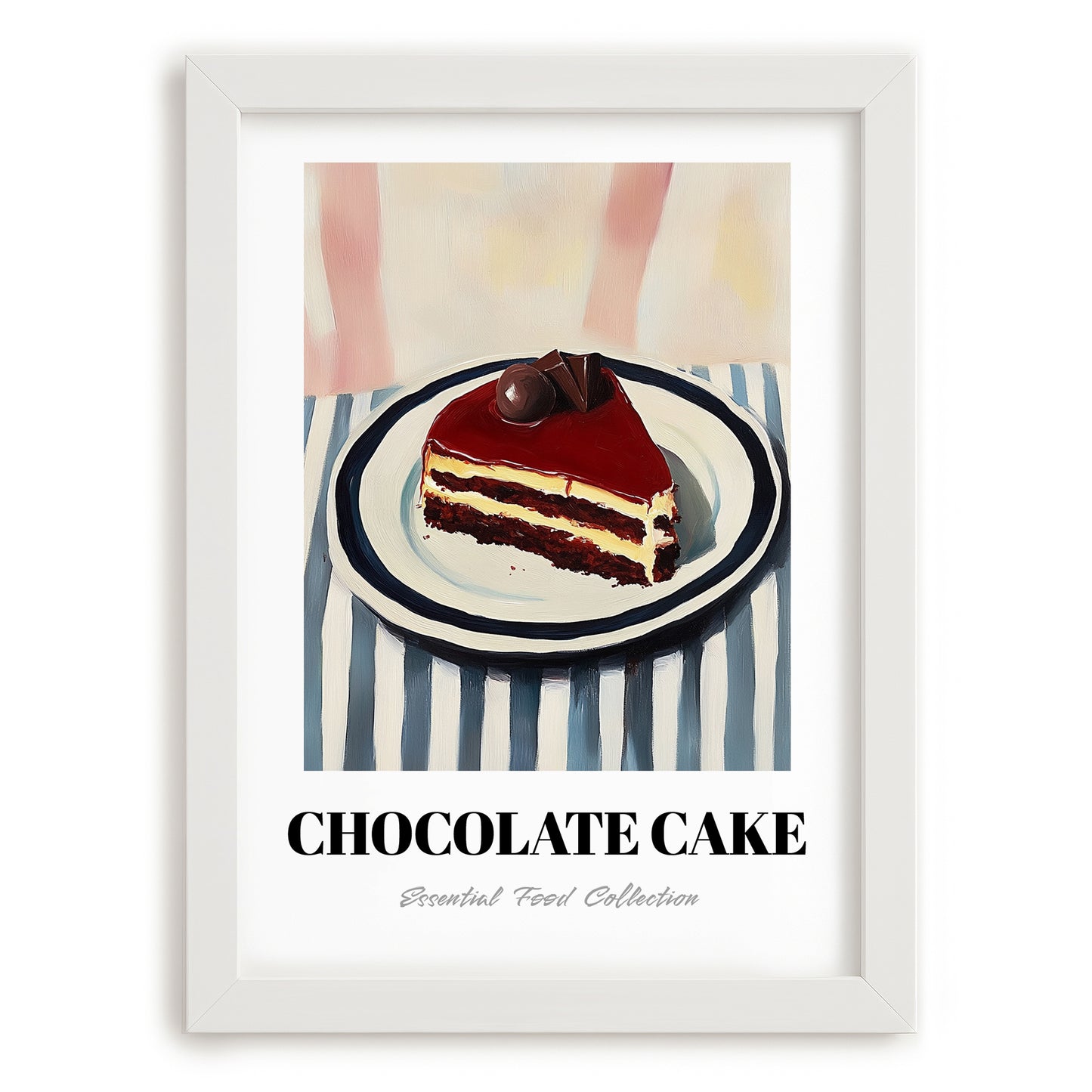 Chocolate Cake – on Striped Tablecloth, American Dessert Wall Illustration, placed in minimal white frame
