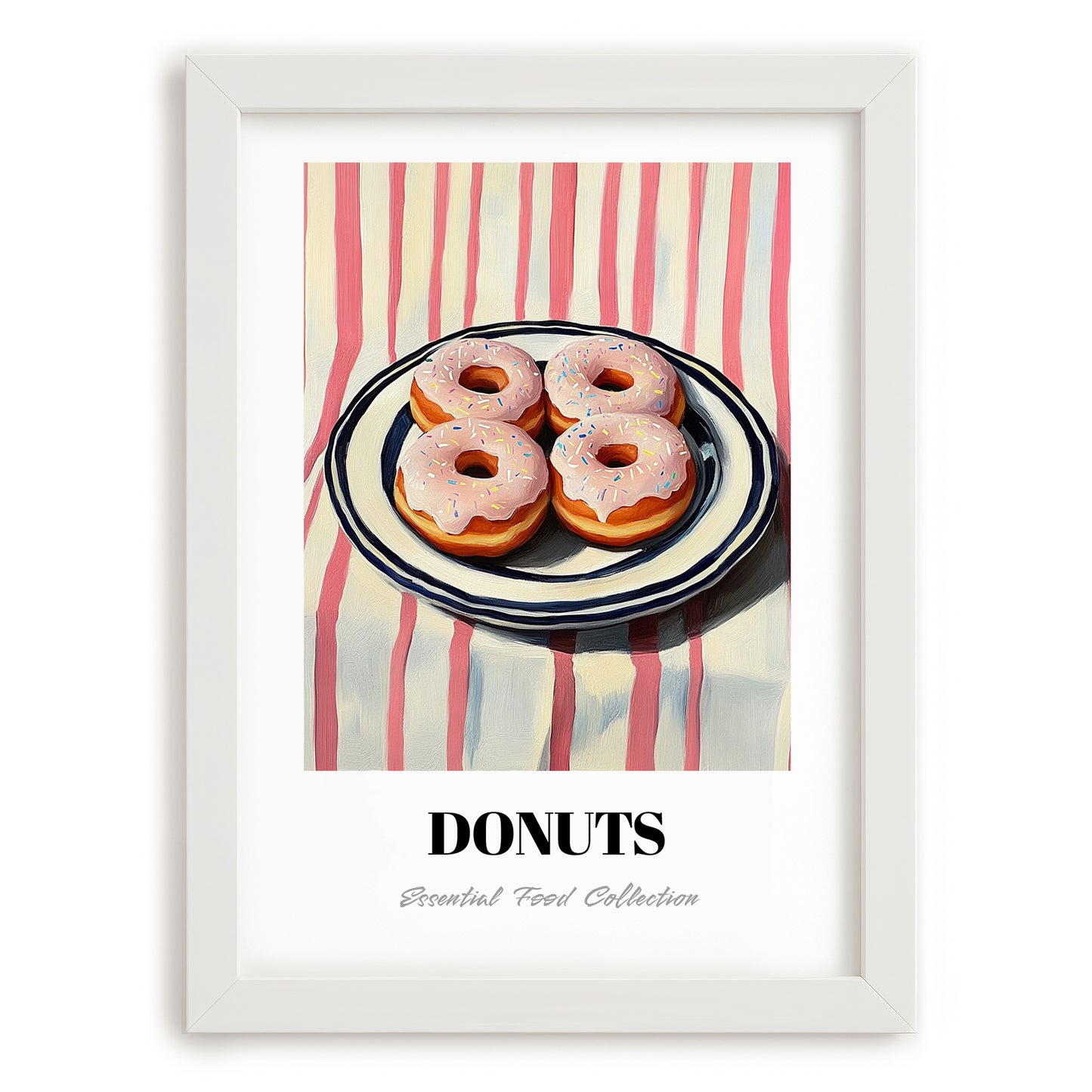 Donuts – on Striped Tablecloth, American Pastry Illustration, placed in minimal white frame