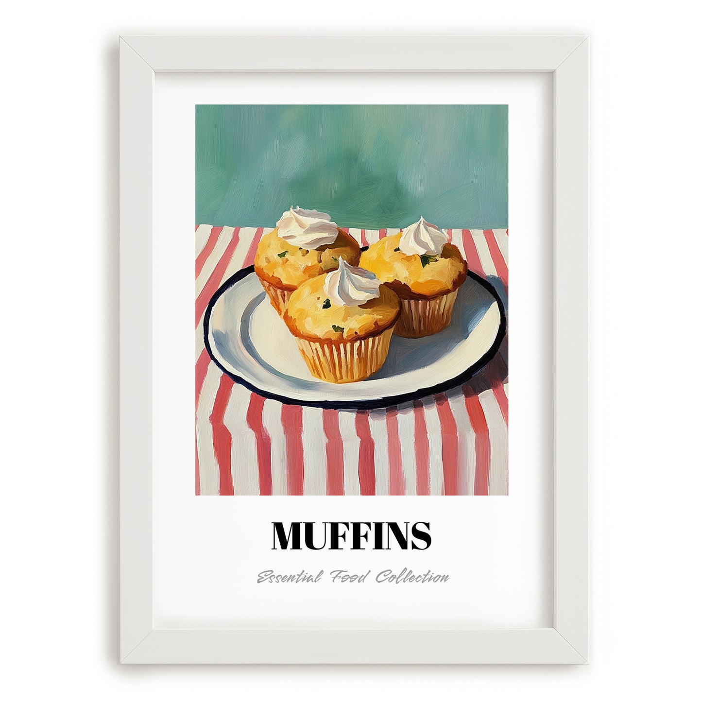 Muffins – on Striped Tablecloth, American Pastry Painting, placed in minimal white frame