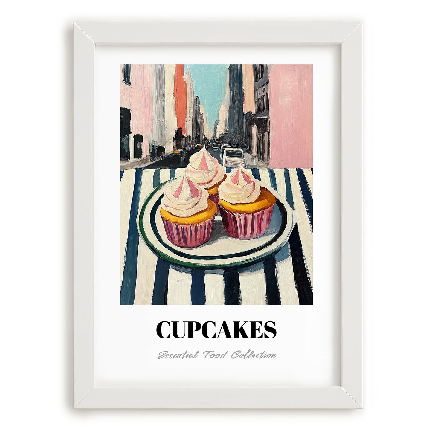 Cupcakes – New York Outdoor Café Scene, American Dessert Still Life, placed in minimal white frame