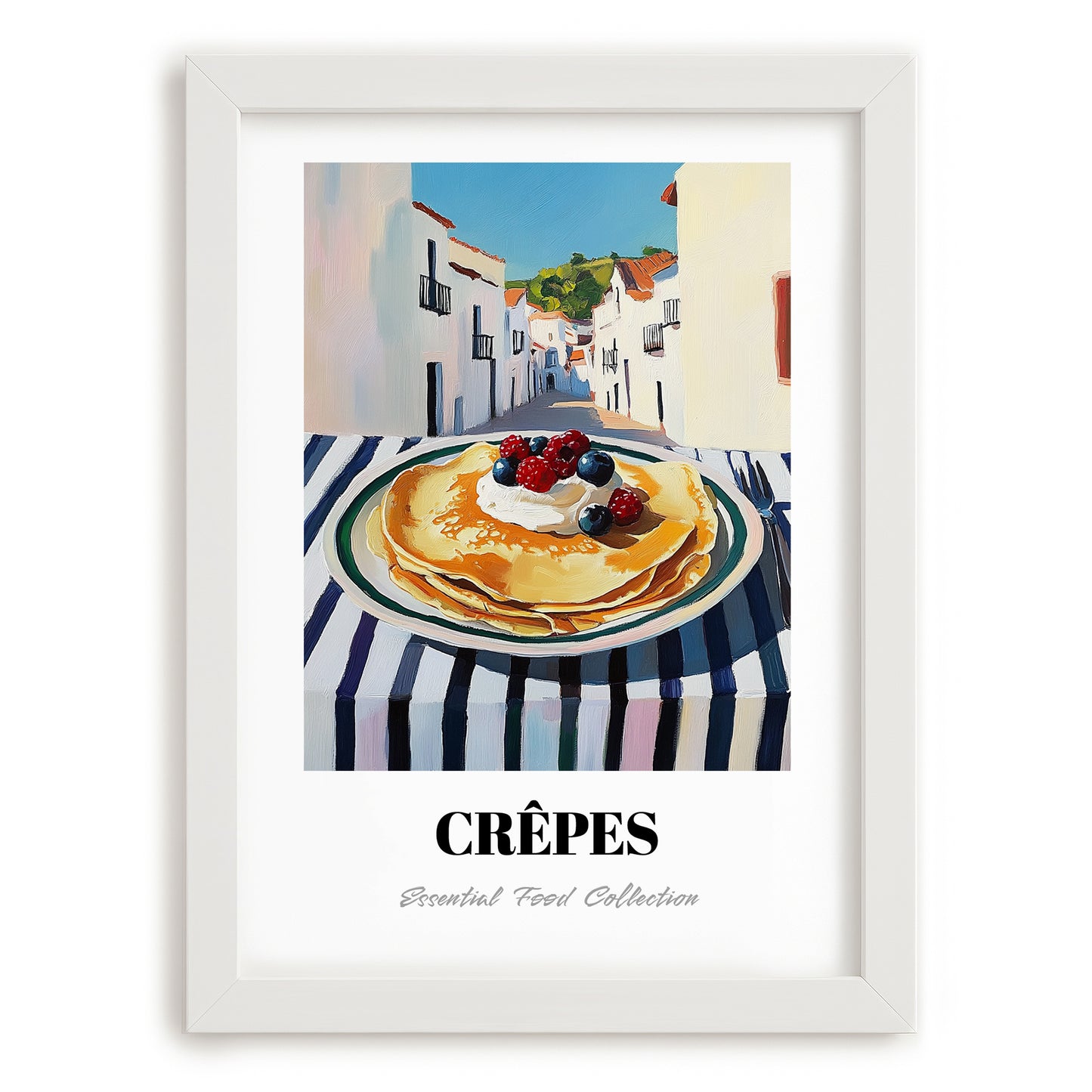 Crepes – White village Urban Café Scene, French French Pastry Painting, placed in minimal white frame