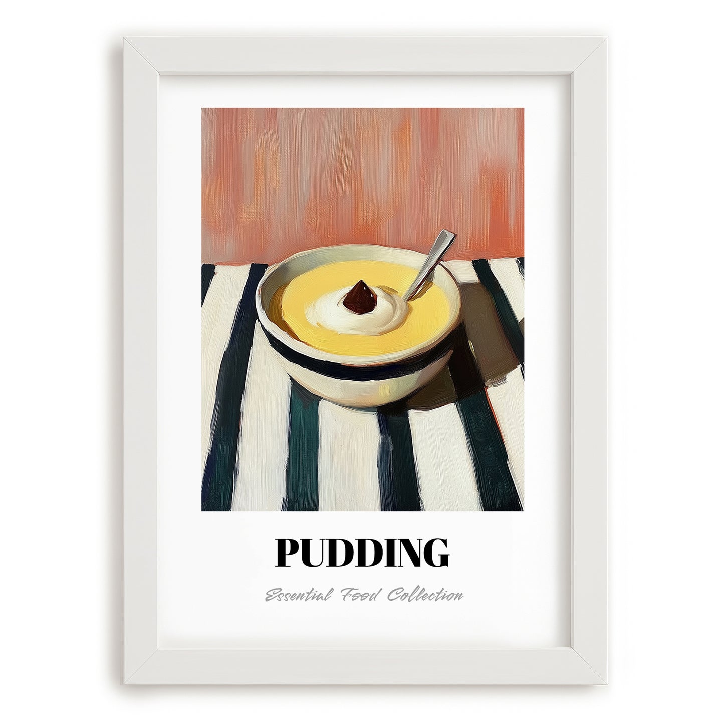 Pudding – on Striped Tablecloth, British Dessert Poster, placed in minimal white frame