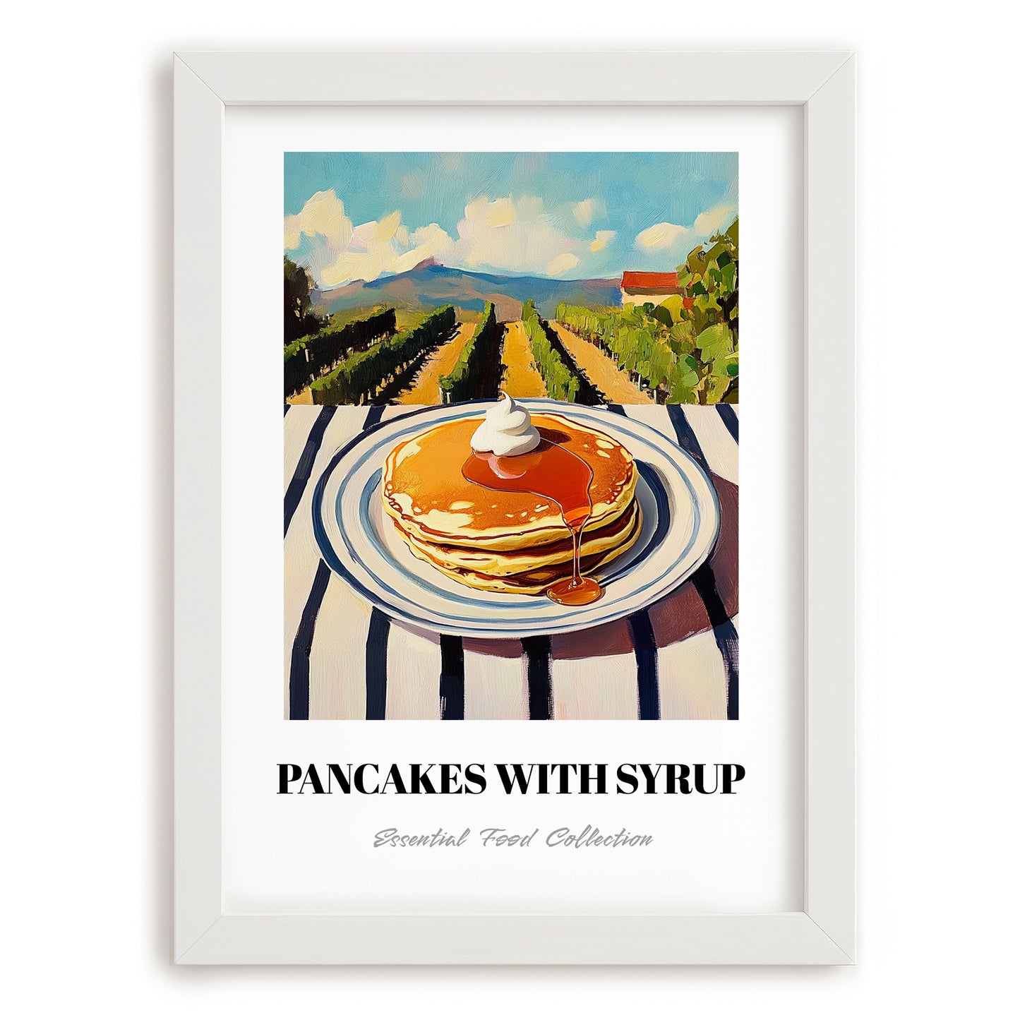 Pancakes With Syrup – Hilltop Table Scene, American Pastry Still Life, placed in minimal white frame