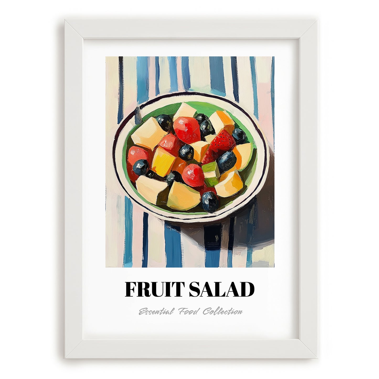 Fruit Salad – on Striped Tablecloth, American Food Still Life, placed in minimal white frame