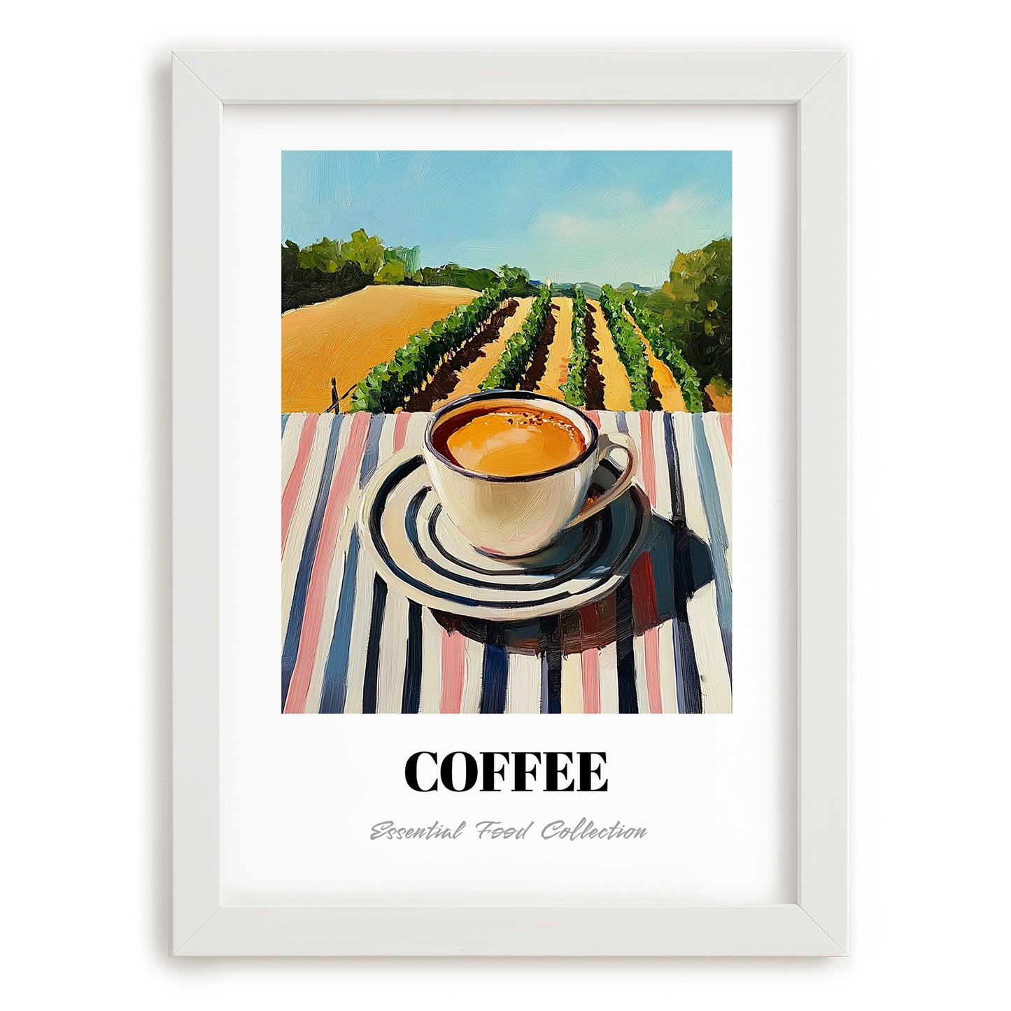 Coffee – Hilltop Café Scene, Italian Drink Painting, placed in minimal white frame