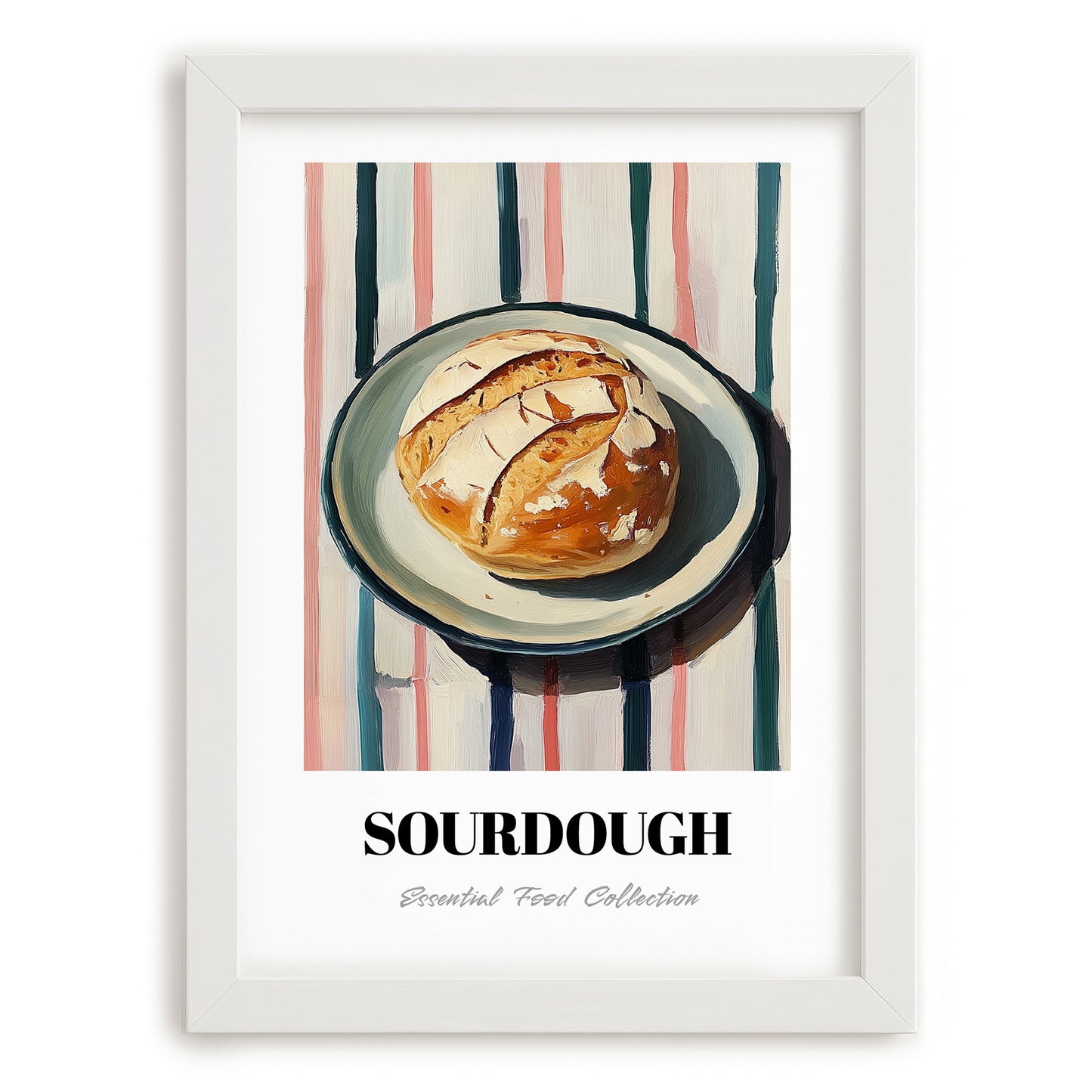 Sourdough – on Striped Tablecloth, American Food Still Life, placed in minimal white frame