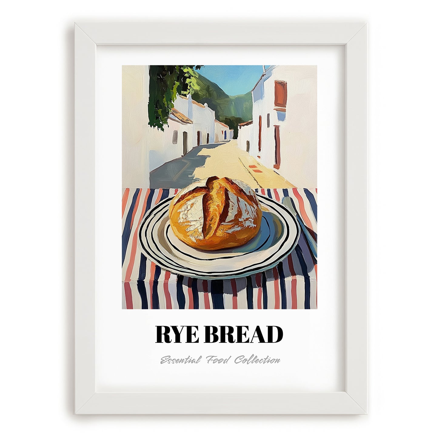 Rye Bread – White village Urban Café Scene, German Food Poster, placed in minimal white frame