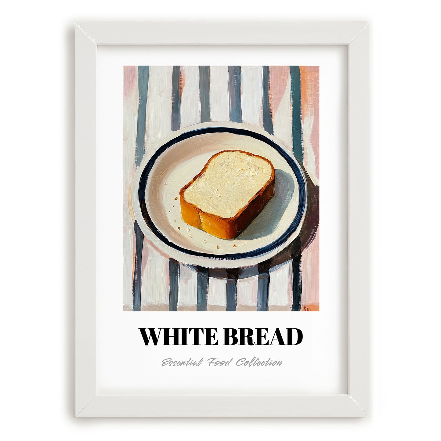 White Bread – on Striped Tablecloth, American Food Print, placed in minimal white frame