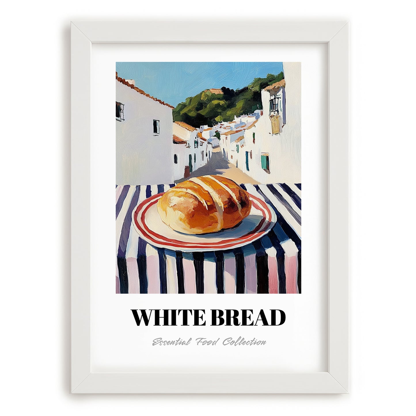 White Bread – White village Street Café Scene, American Food Print, placed in minimal white frame