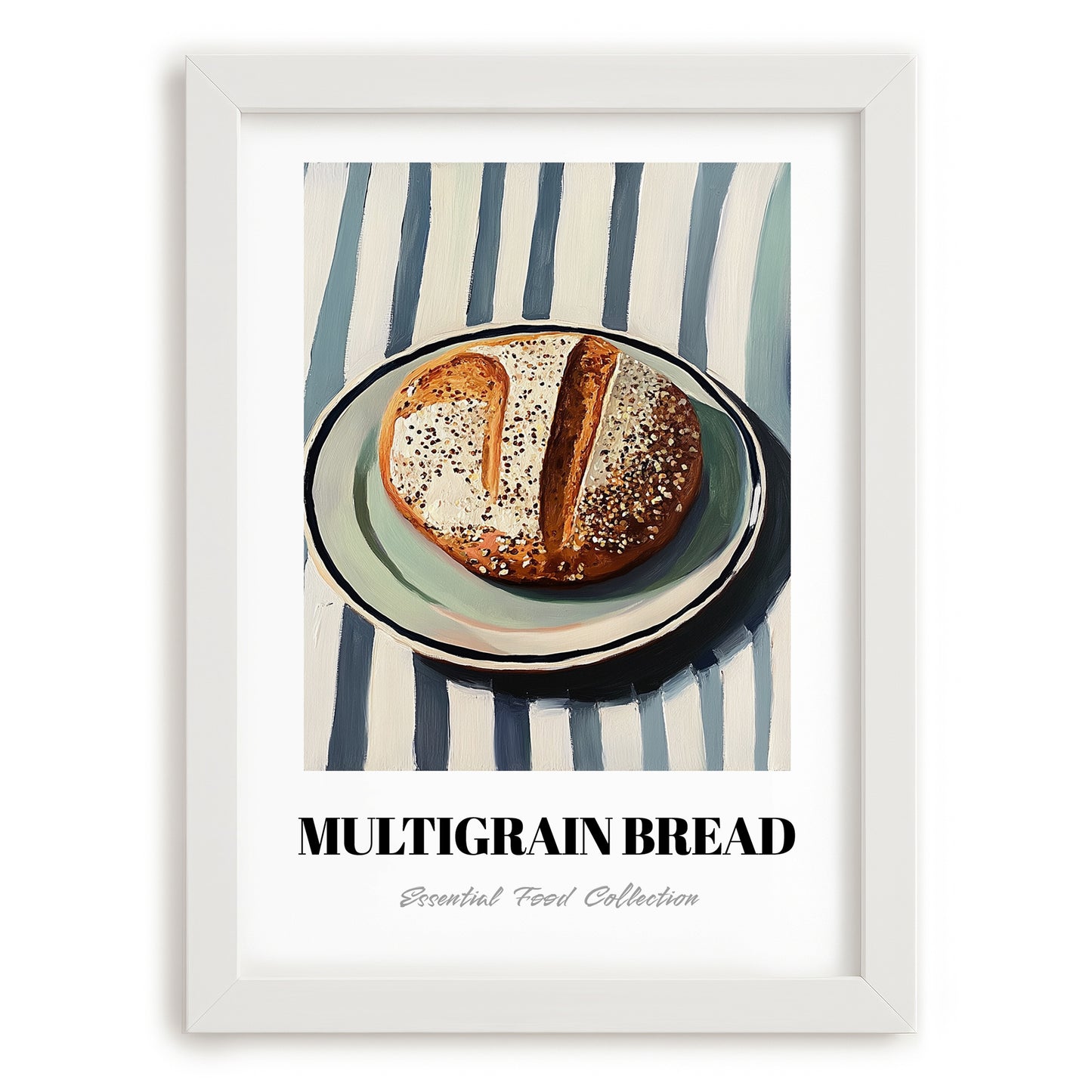 Multigrain Bread – on Striped Tablecloth, American Food Poster, placed in minimal white frame