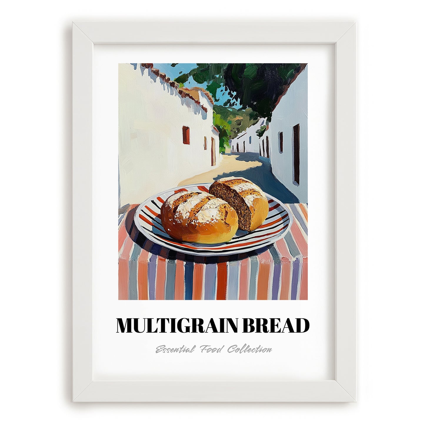 Multigrain Bread – White village Café on the Corner, American Food Still Life, placed in minimal white frame