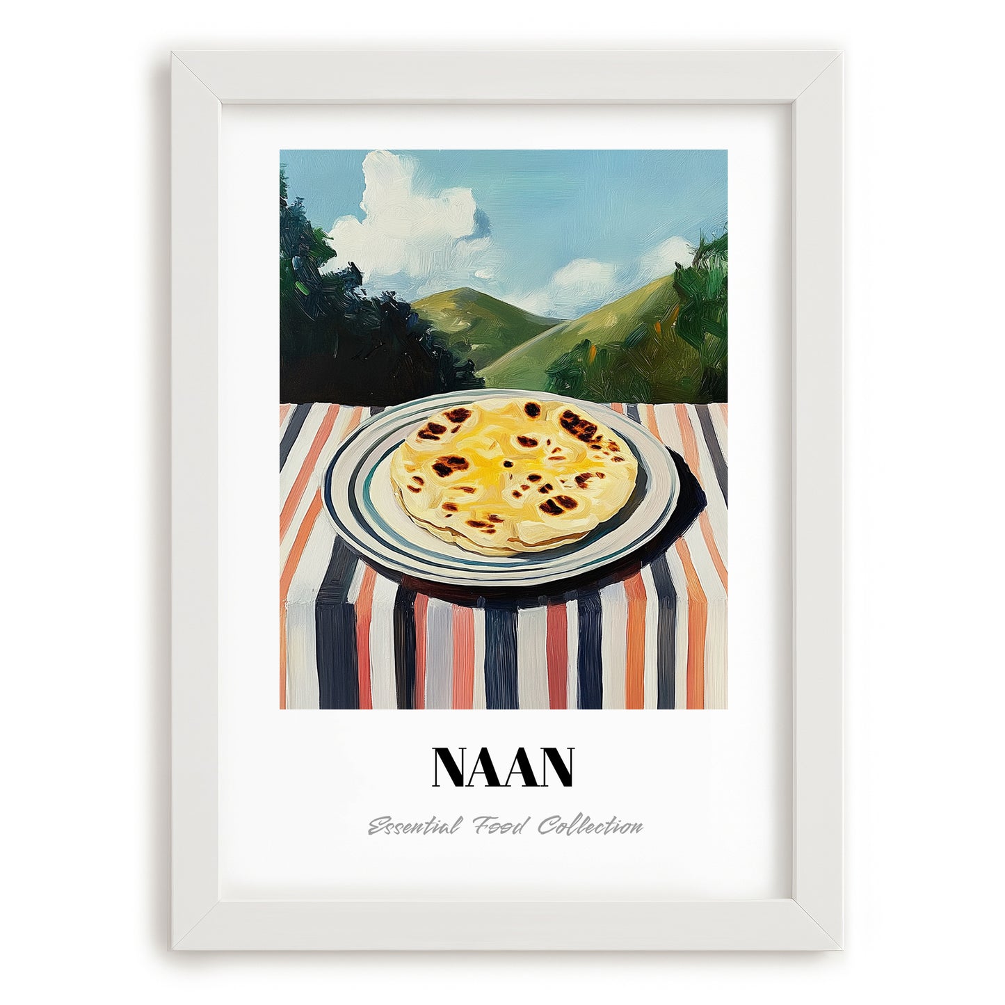 Naan – Hilltop Café Scene, Indian Food Wall Art, placed in minimal white frame