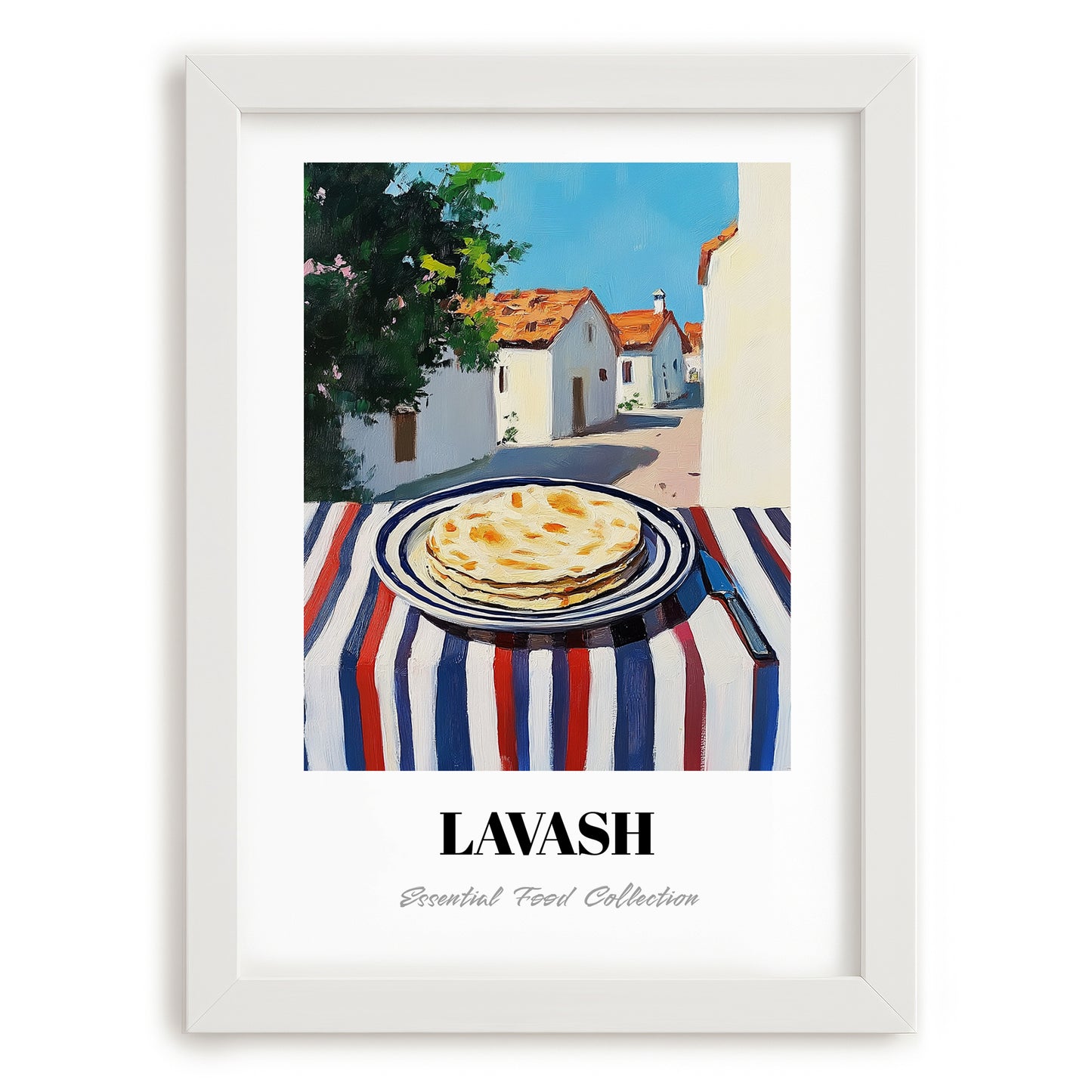 Lavash – Turkish village Urban Café Scene, Armenian Food Wall Art, placed in minimal white frame