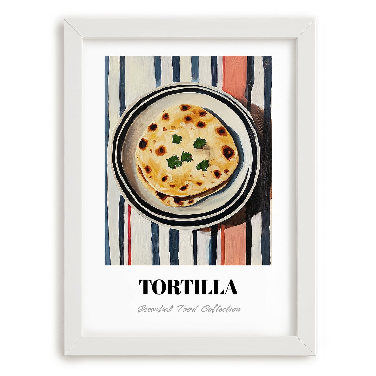 Tortilla – on Striped Tablecloth, Mexican Food Illustration, placed in minimal white frame