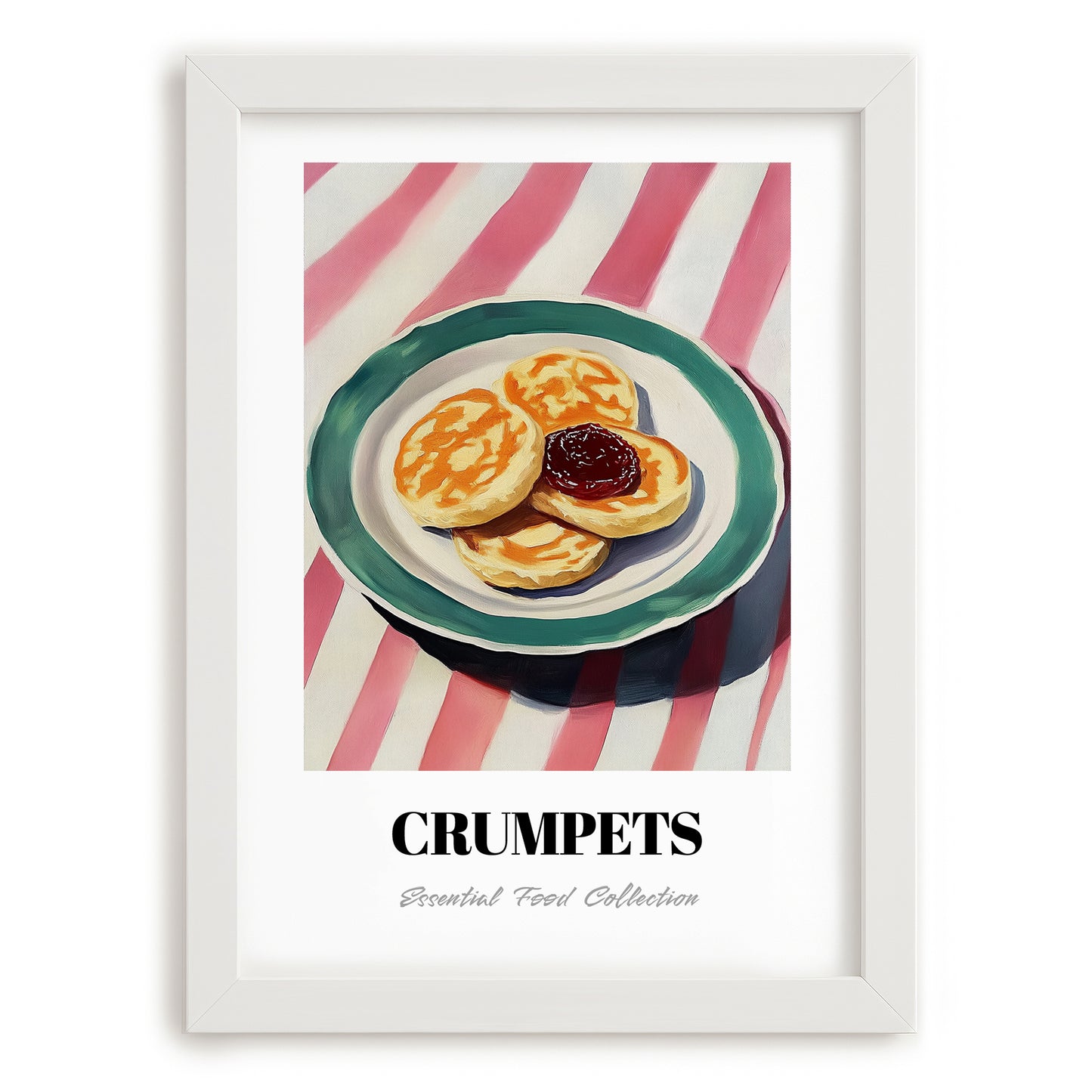 Crumpets – on Striped Tablecloth, British Pastry Wall Decor, placed in minimal white frame