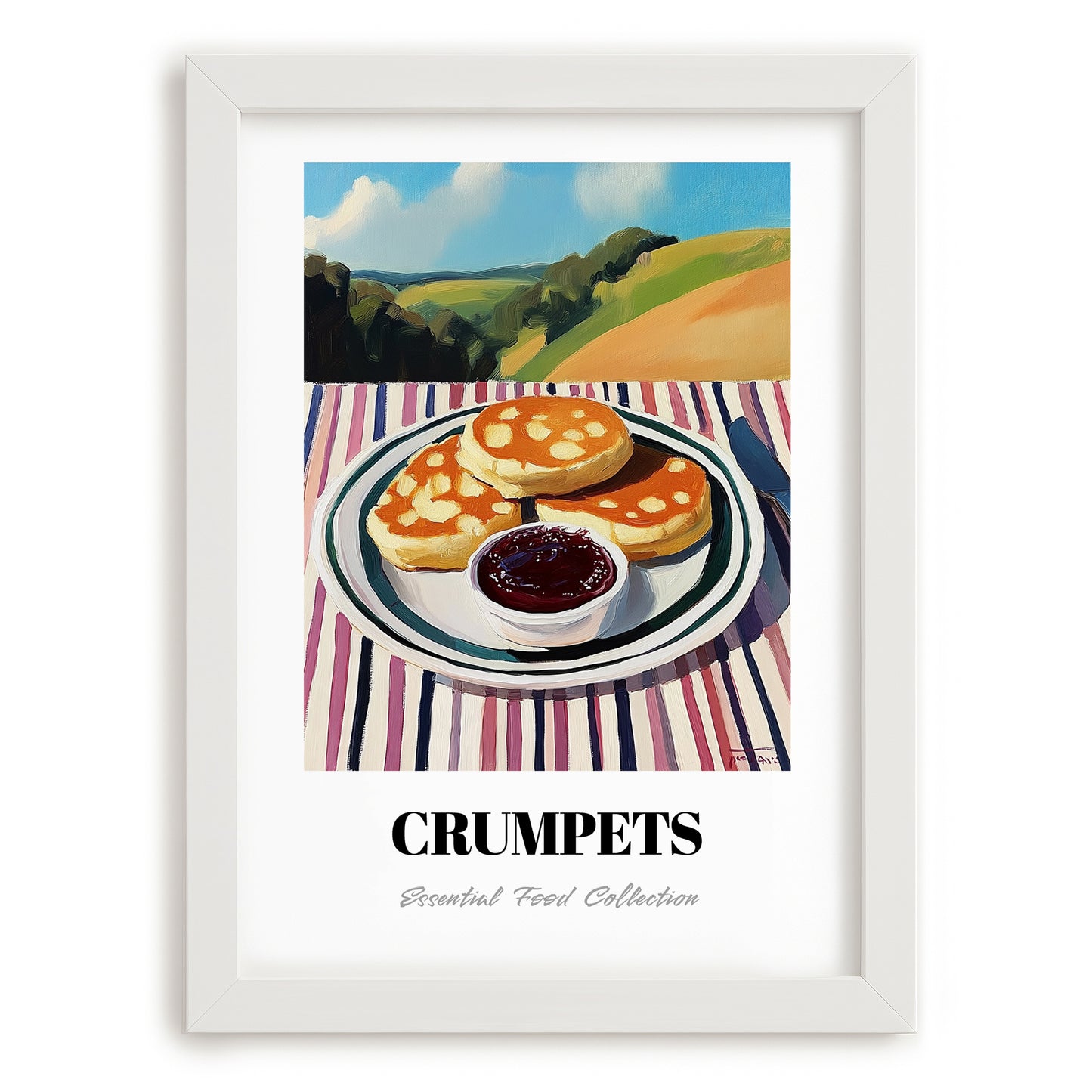 Crumpets – Hilltop Table Scene, British Pastry Still Life, placed in minimal white frame