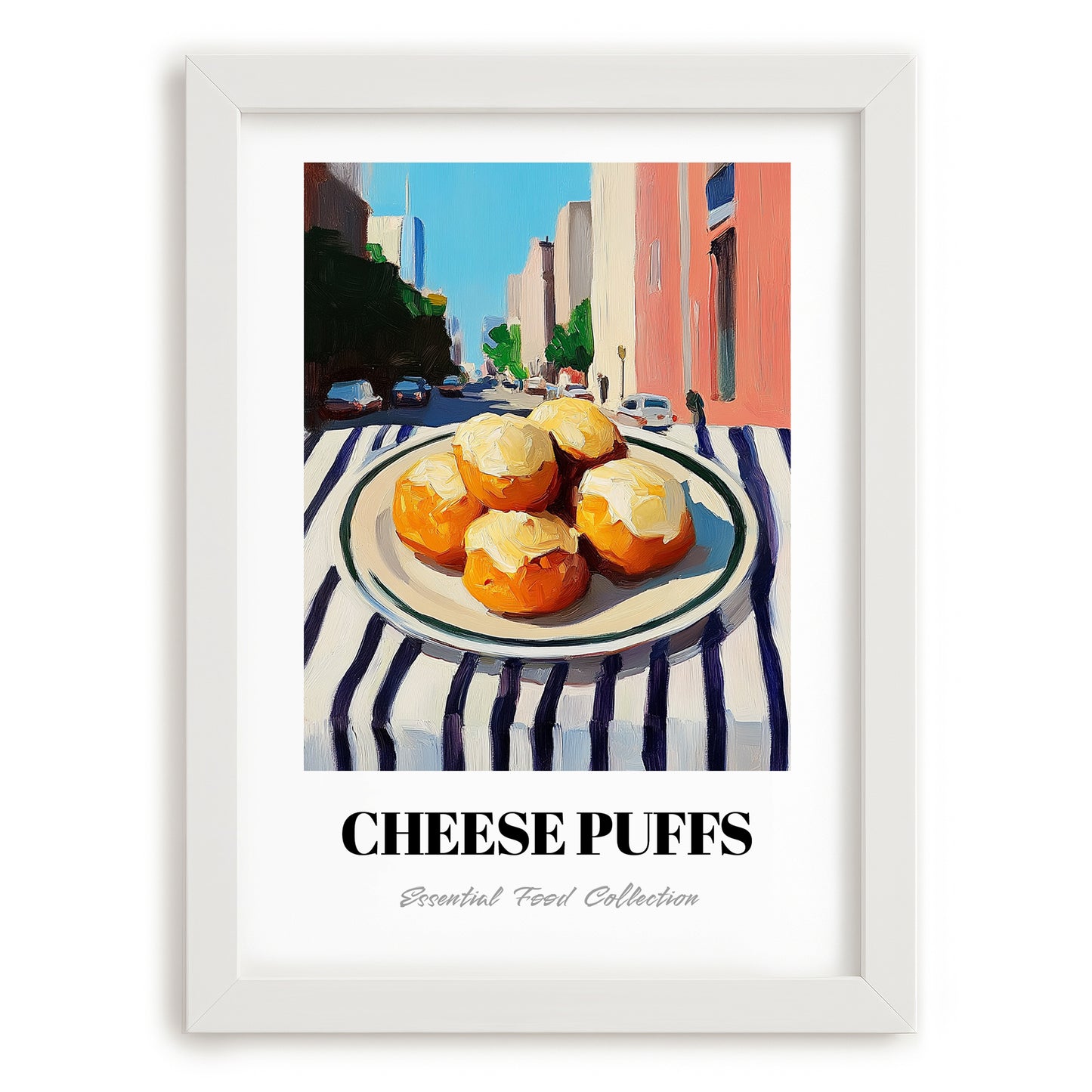 Cheese Puffs – New York Outdoor Café Scene, American Cheese Illustration, placed in minimal white frame