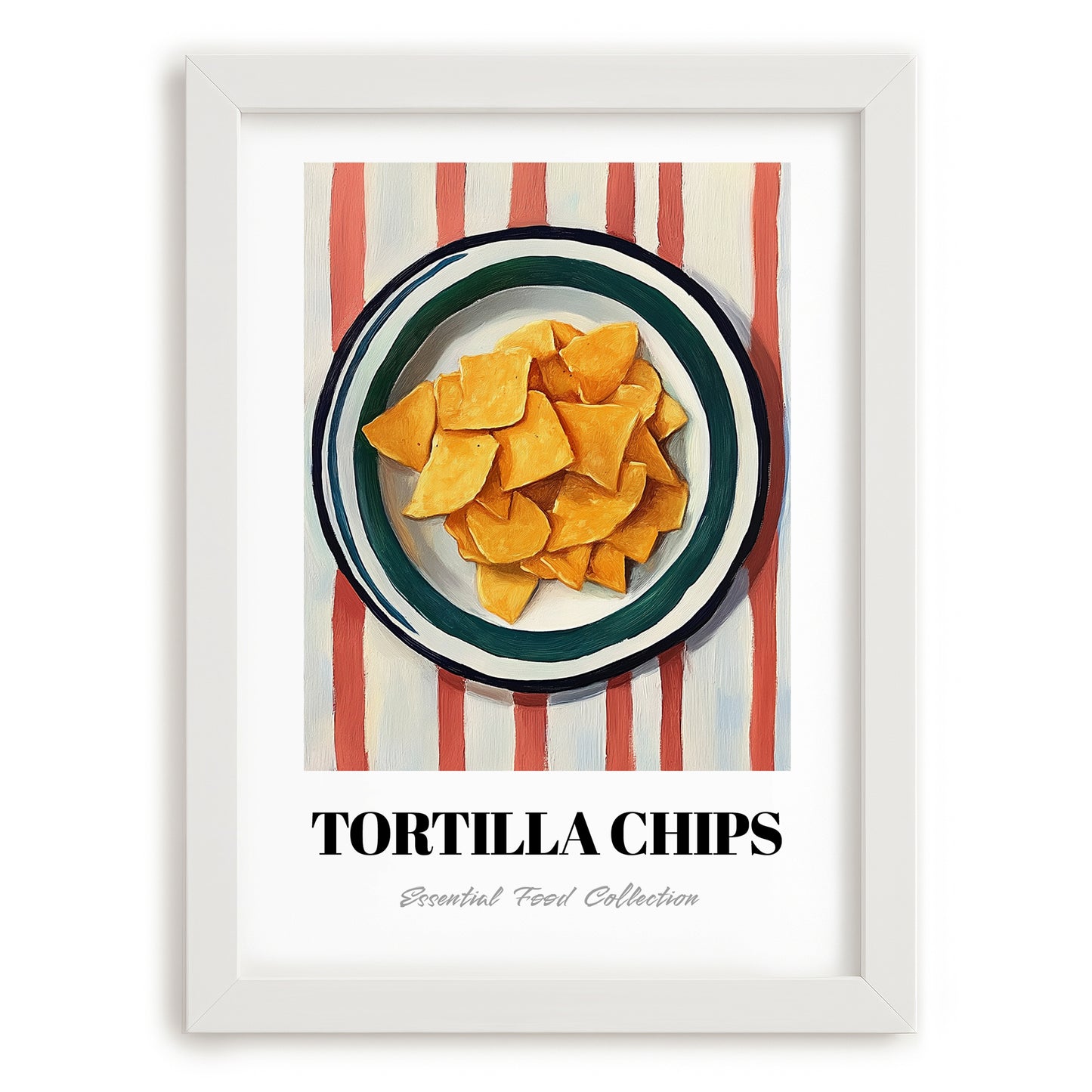 Tortilla Chips – on Striped Tablecloth, Mexican Food Illustration, placed in minimal white frame