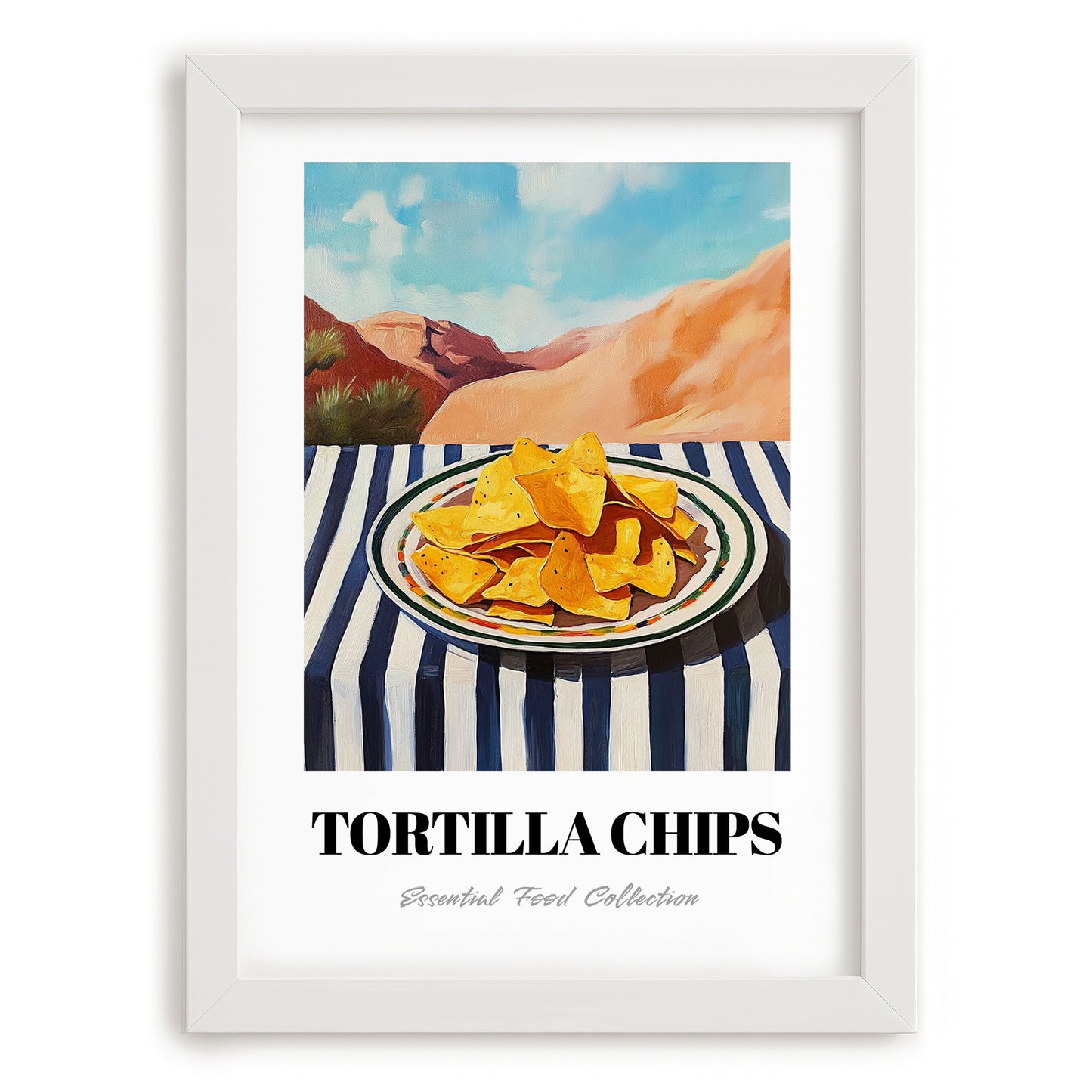 Tortilla Chips – Desert Café Scene, Mexican Food Wall Decor, placed in minimal white frame