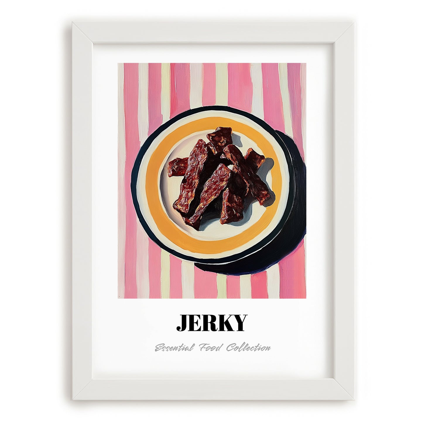 Jerky – on Striped Tablecloth, American Food Wall Decor, placed in minimal white frame