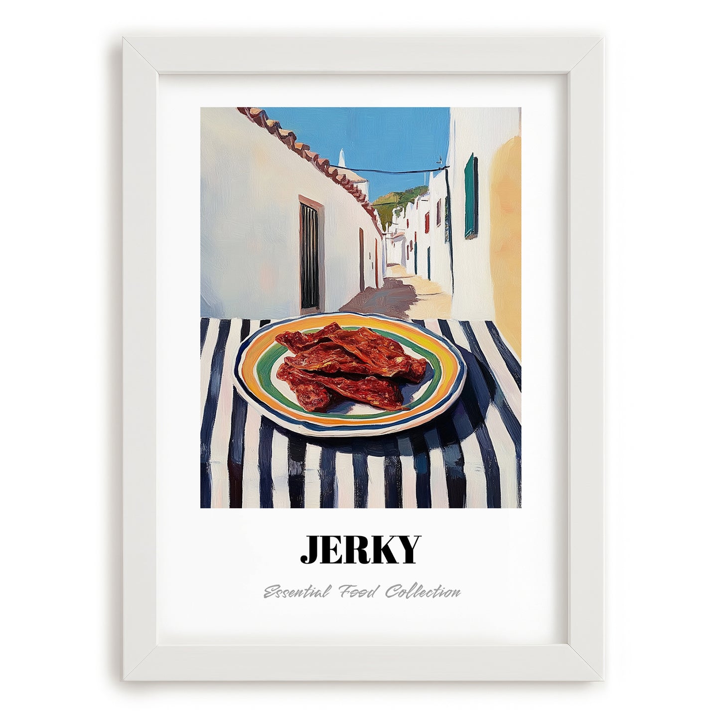 Jerky – White village Street Café Scene, American Food Poster, placed in minimal white frame