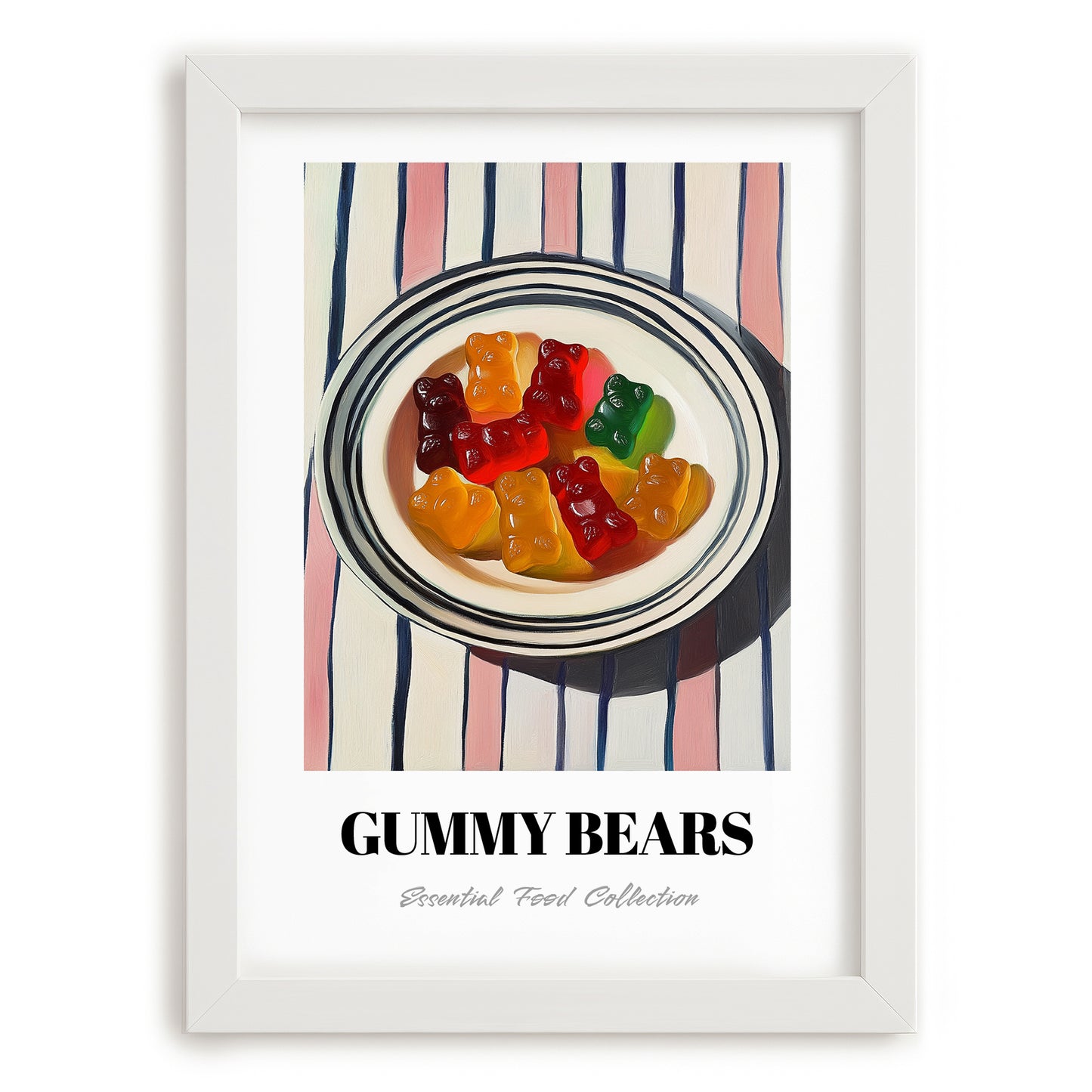 Gummy Bears – on Striped Tablecloth, German Dessert Wall Art, placed in minimal white frame
