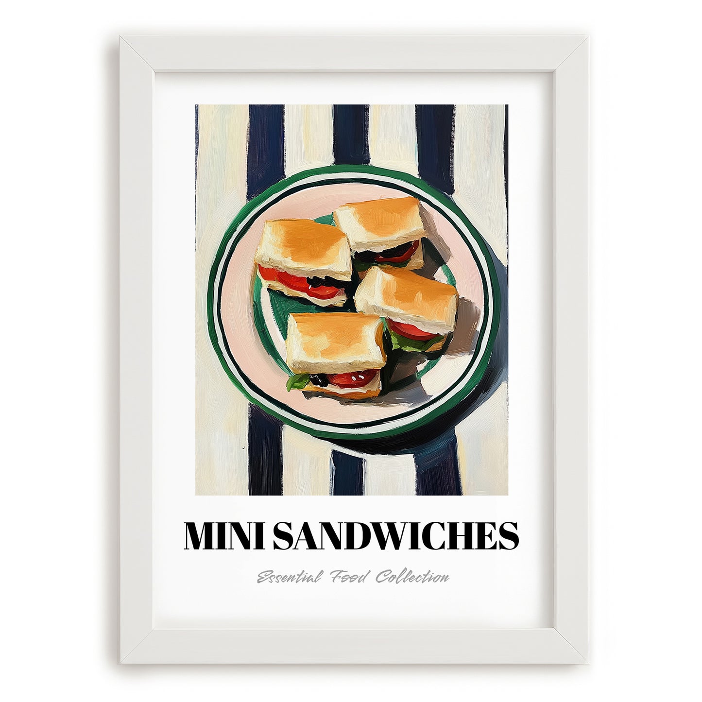Mini Sandwiches – on Striped Tablecloth, British Food Wall Art, placed in minimal white frame