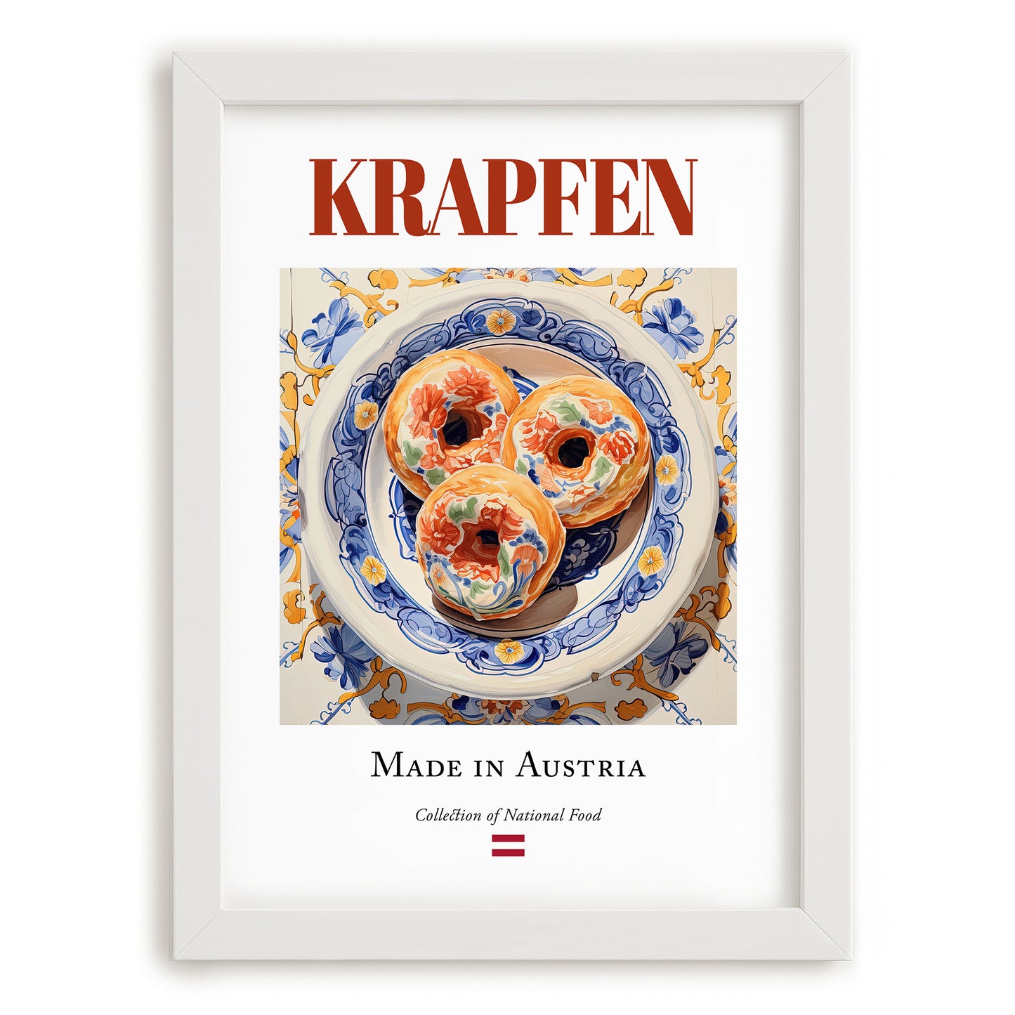 Krapfen – Austrian Dessert Dish, Bistro Illustration, placed in minimal white frame