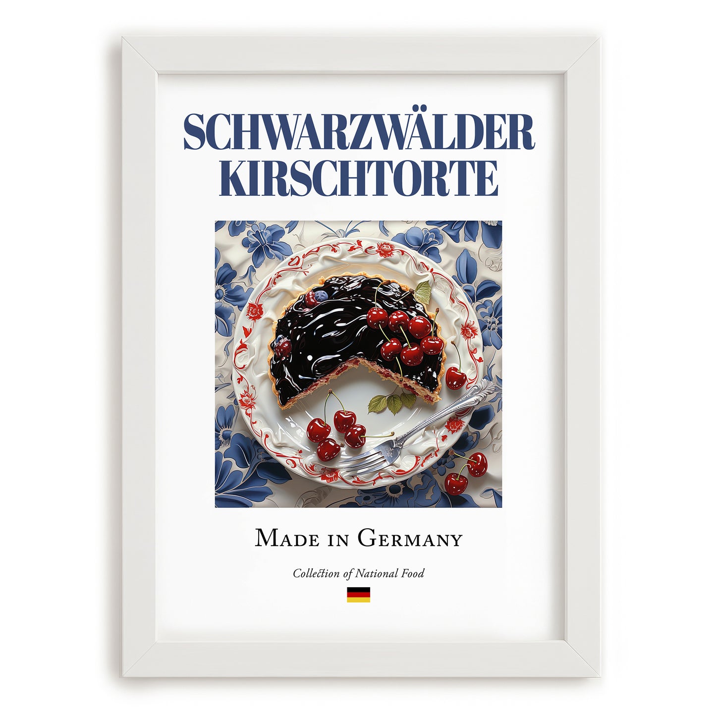 Schwarzwälder Kirschtorte – German Dessert Dish, Brasserie Print, placed in minimal white frame