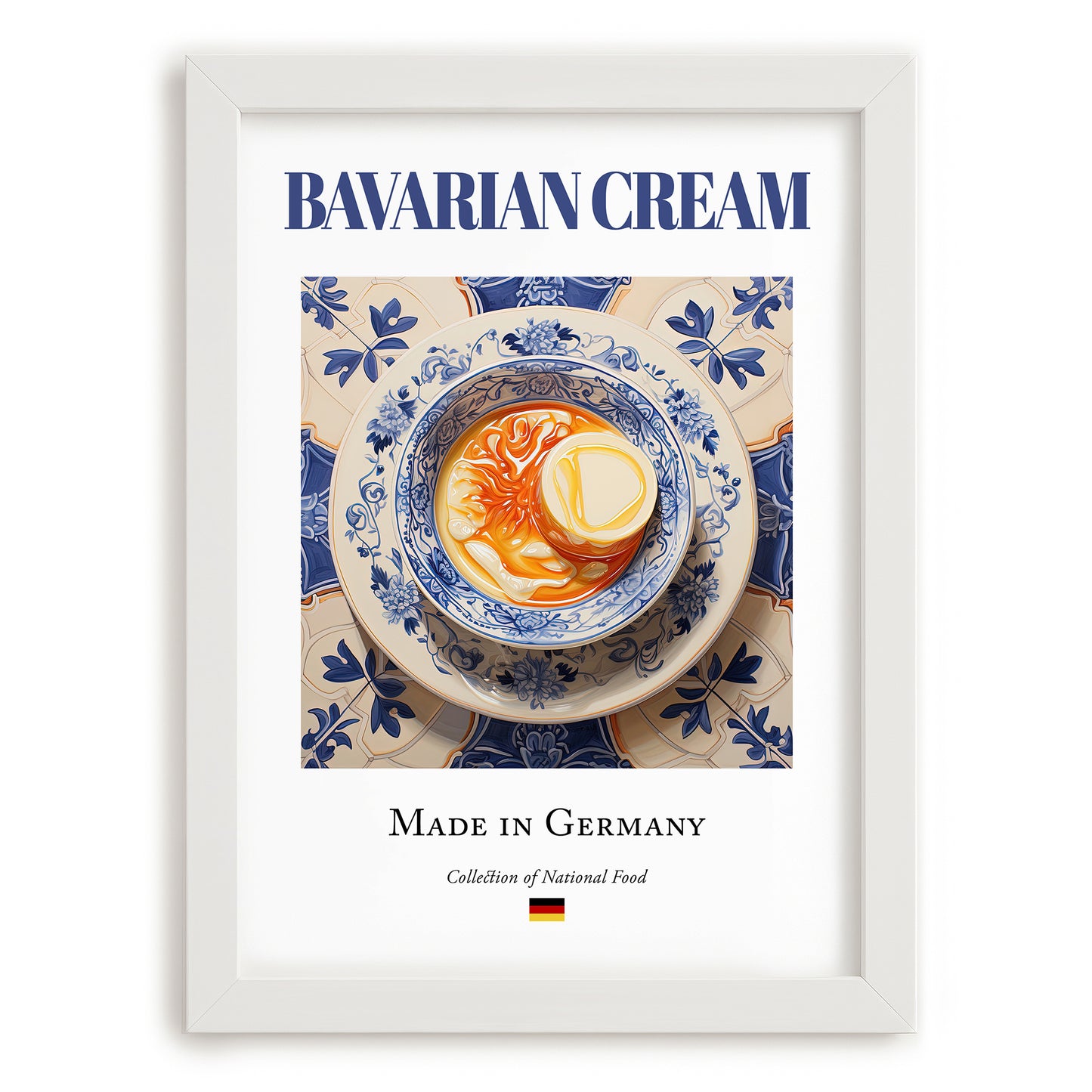 Bavarian Cream – German Dessert Dish, Bistro Still Life, placed in minimal white frame