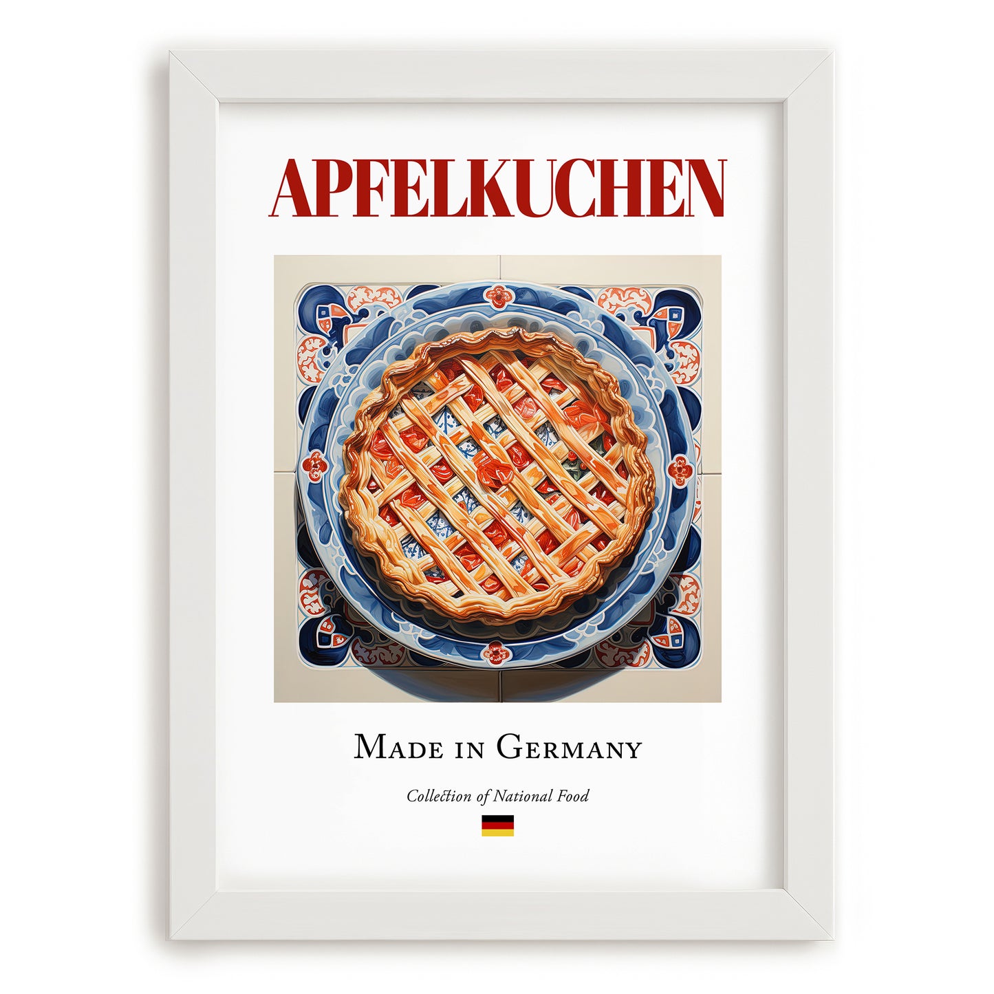 Apfelkuchen – German Dessert Dish, Farmhouse Kitchen Wall Art, placed in minimal white frame