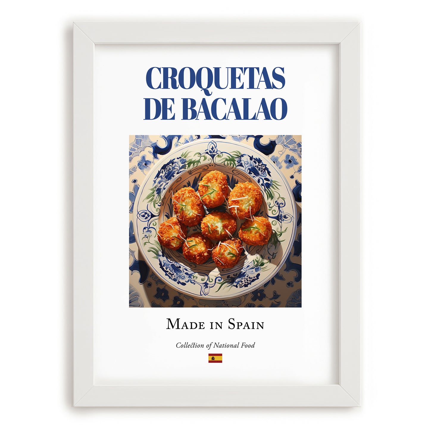 Croquetas de bacalao – Spanish Snack Dish, Tavern Poster, placed in minimal white frame