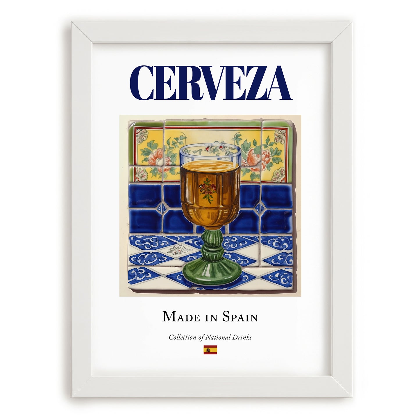 Cerveza – Spanish Beverage Drink, Rooftop Terrace Wall Art, placed in minimal white frame