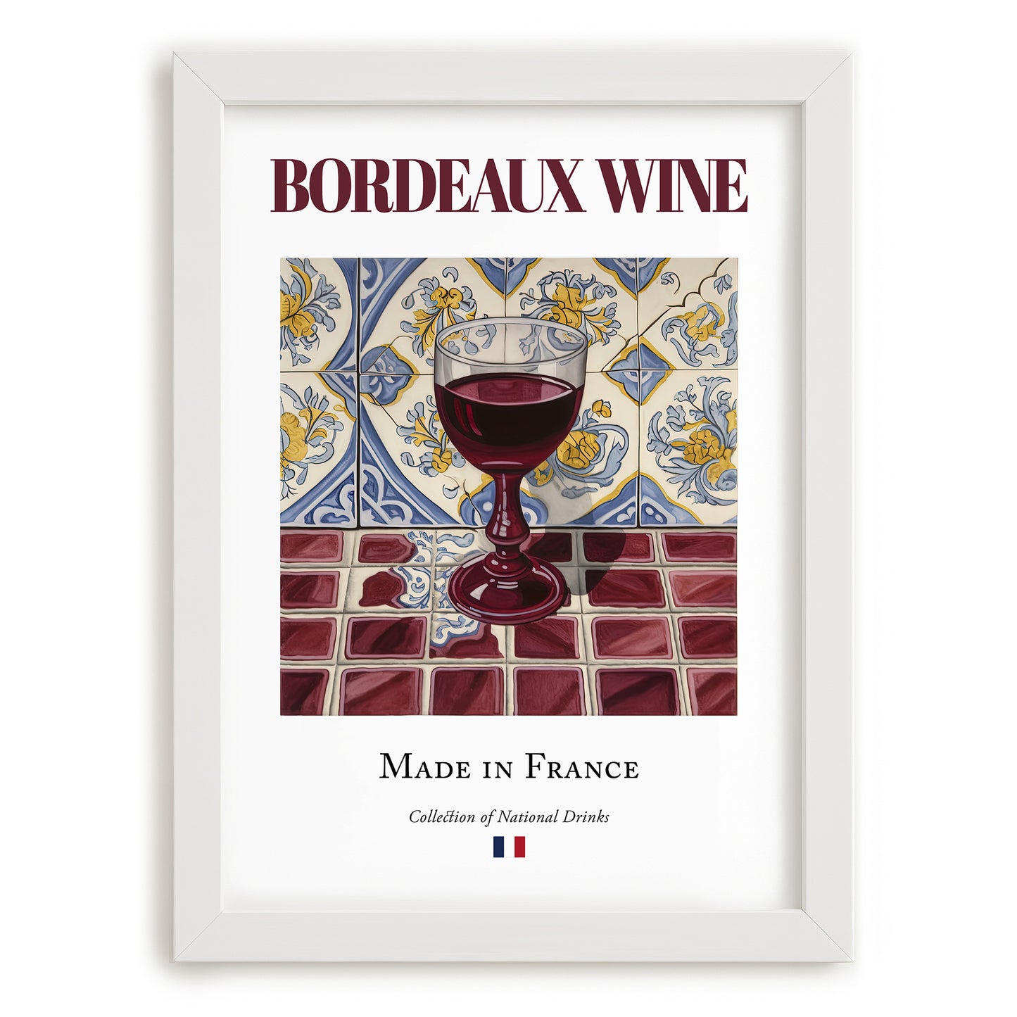 Bordeaux wine – French Red Wine, Wine Bar Wall Art, placed in minimal white frame