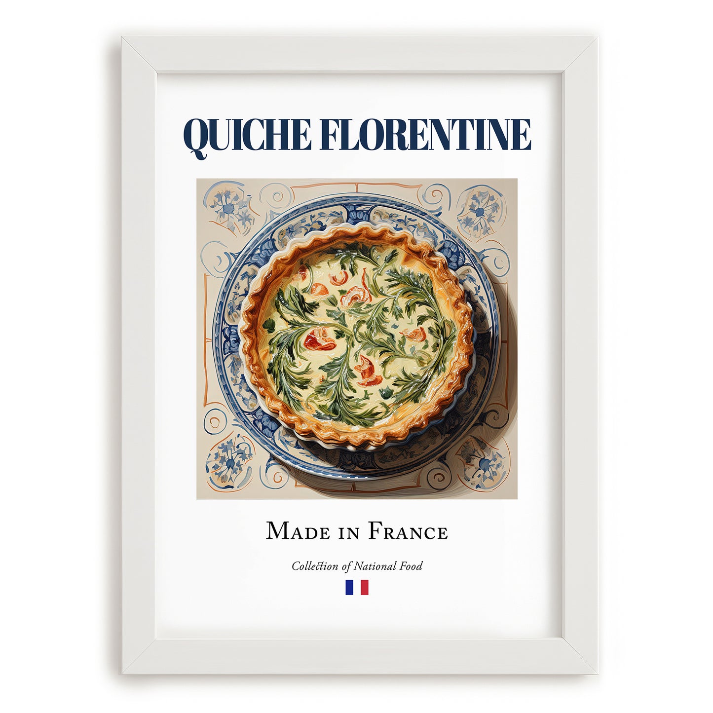 Quiche Florentine – French Dish, Tavern Still Life, placed in minimal white frame