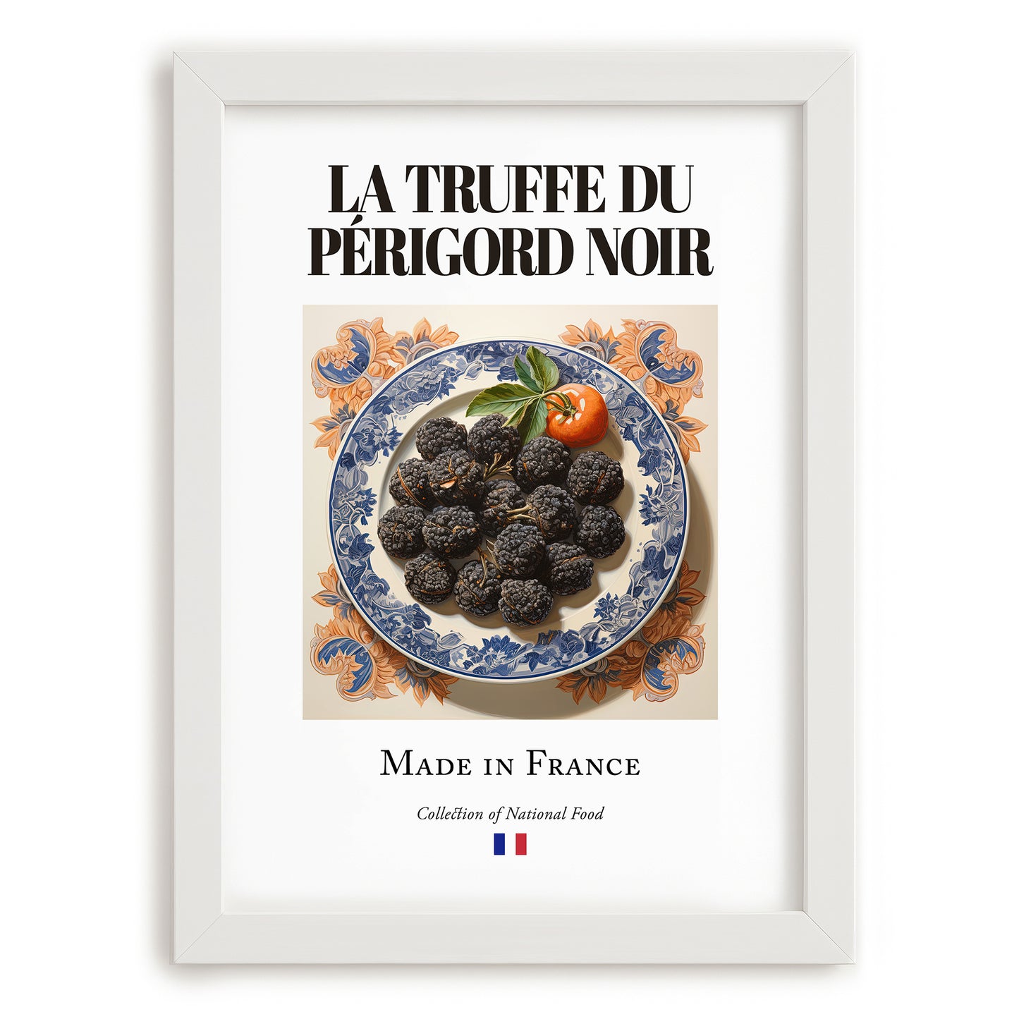 Black Périgord Truffle – French Ingredient Dish, Tavern Wall Art, placed in minimal white frame