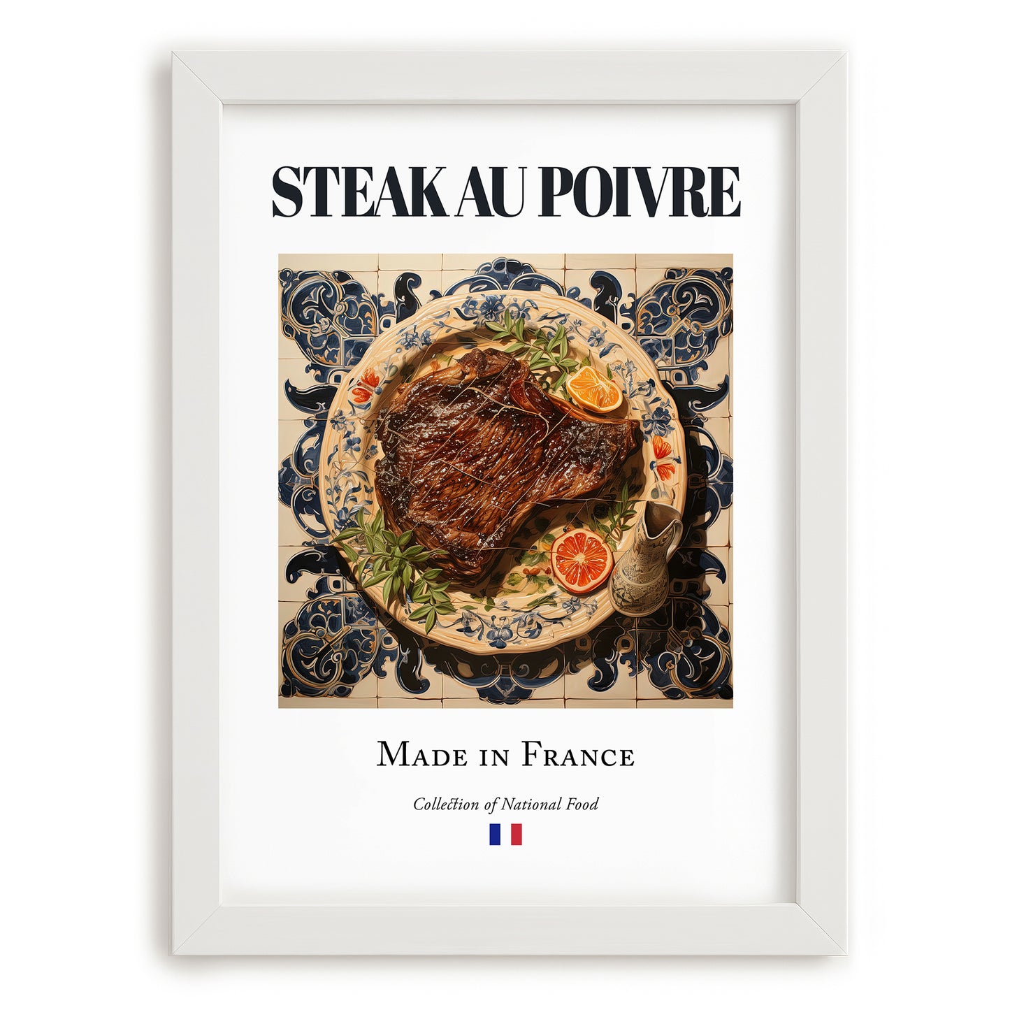 Steak au poivre – French Meat Dish, Tavern Art, placed in minimal white frame