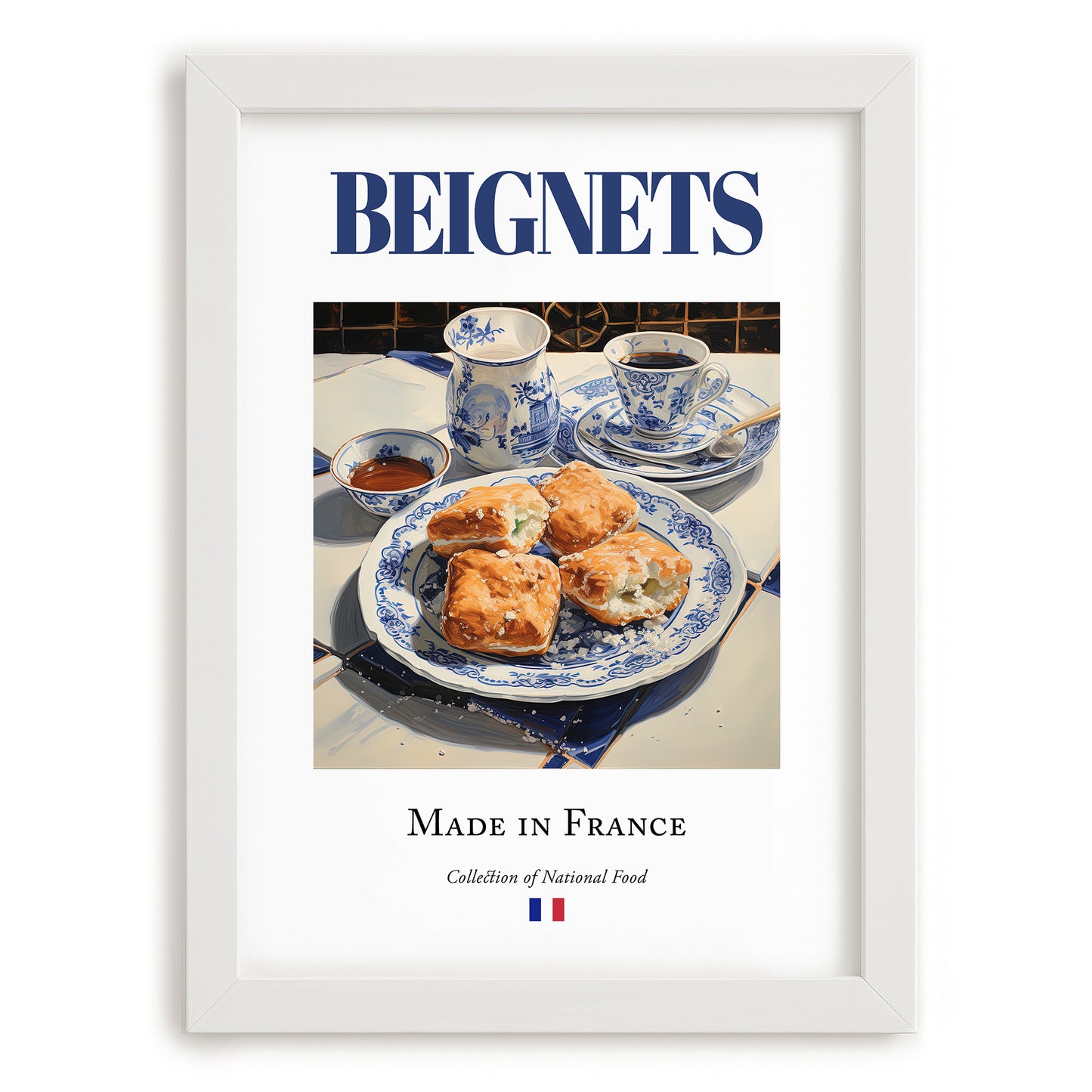 Beignets – French Dessert Dish, Brasserie Wall Art, placed in minimal white frame